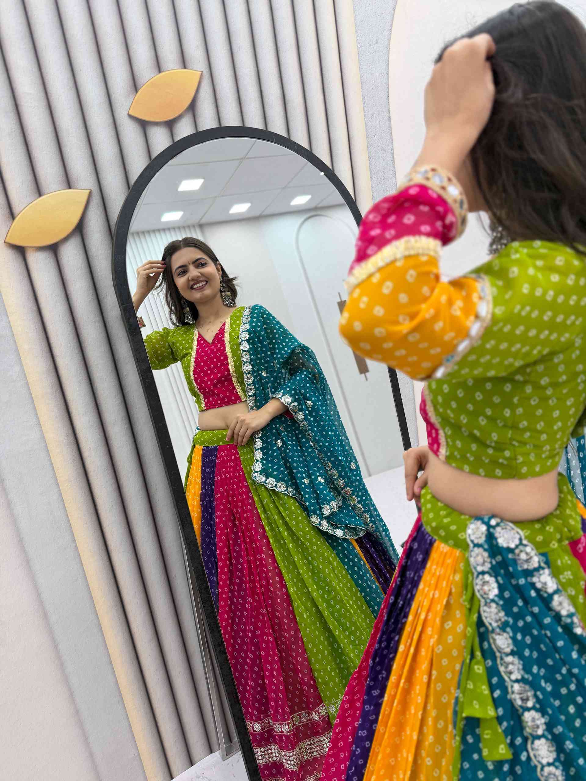 Multi Color Bandhni Printed Chaniya Choli with Sequence Embroidery