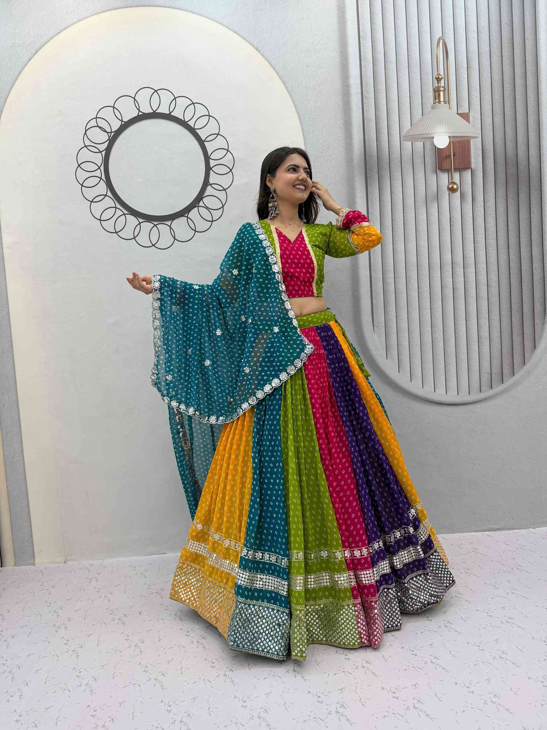 Multi Color Bandhni Printed Chaniya Choli with Sequence Embroidery
