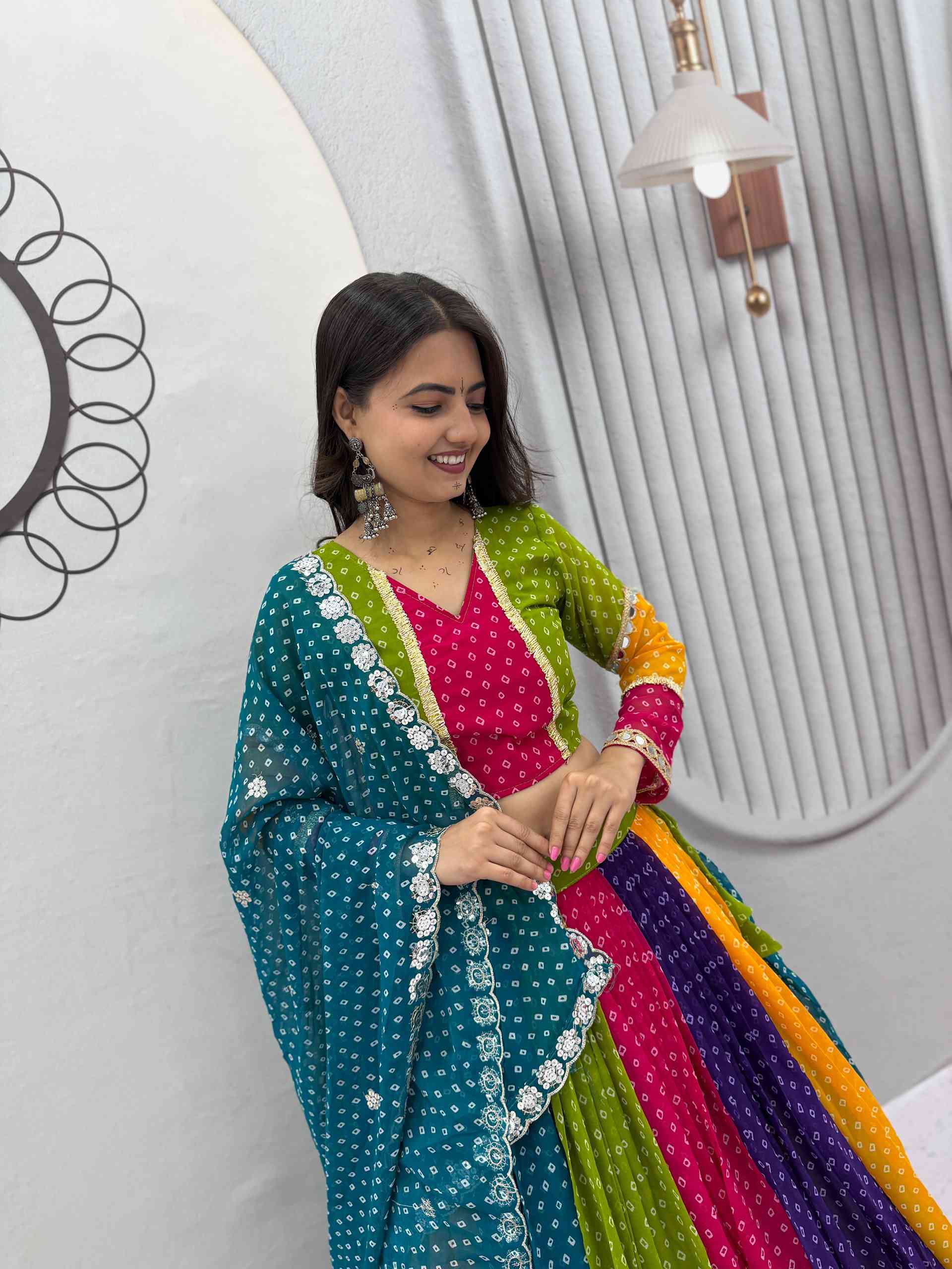 Multi Color Bandhni Printed Chaniya Choli with Sequence Embroidery