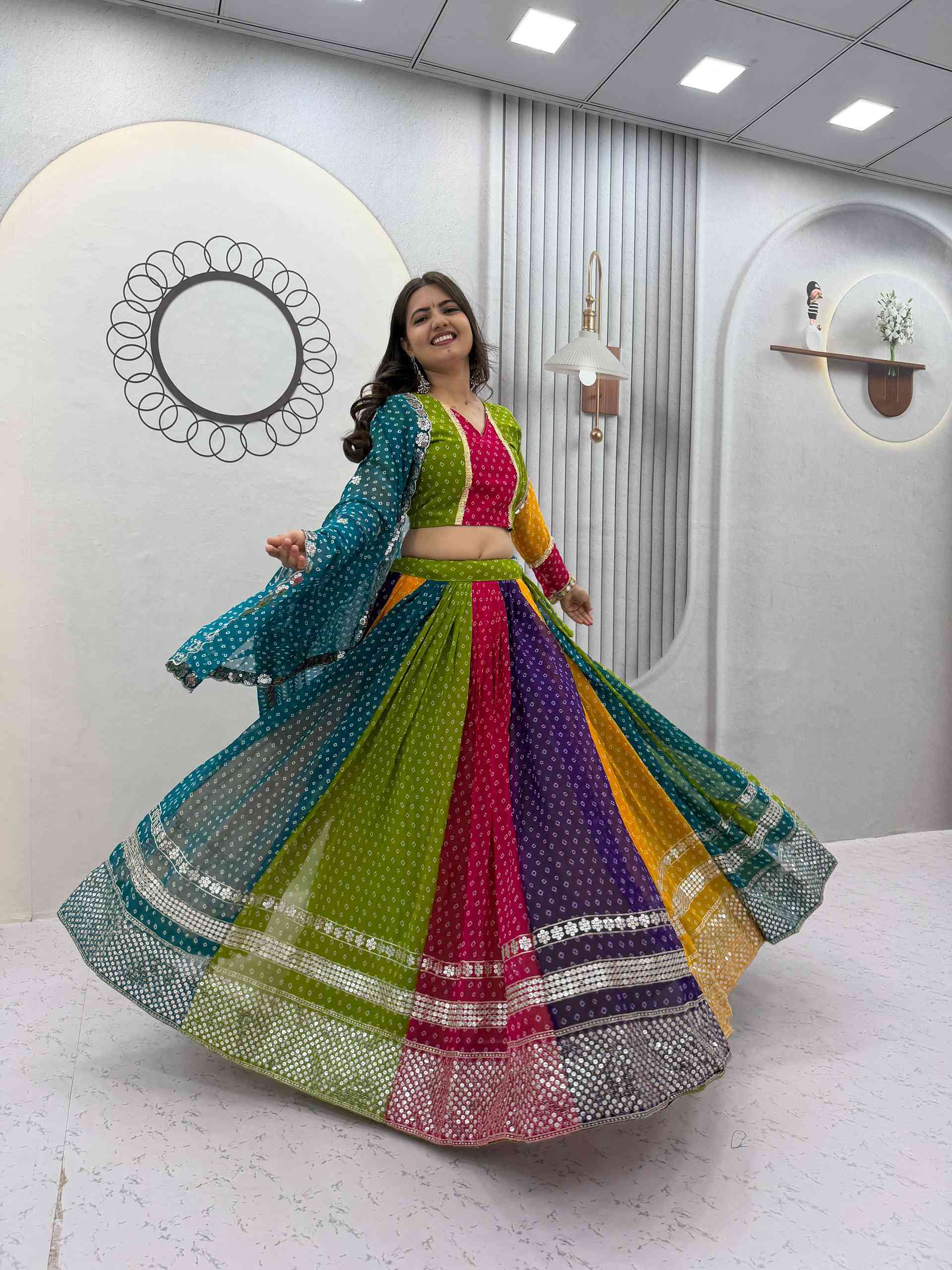 Multi Color Bandhni Printed Chaniya Choli with Sequence Embroidery