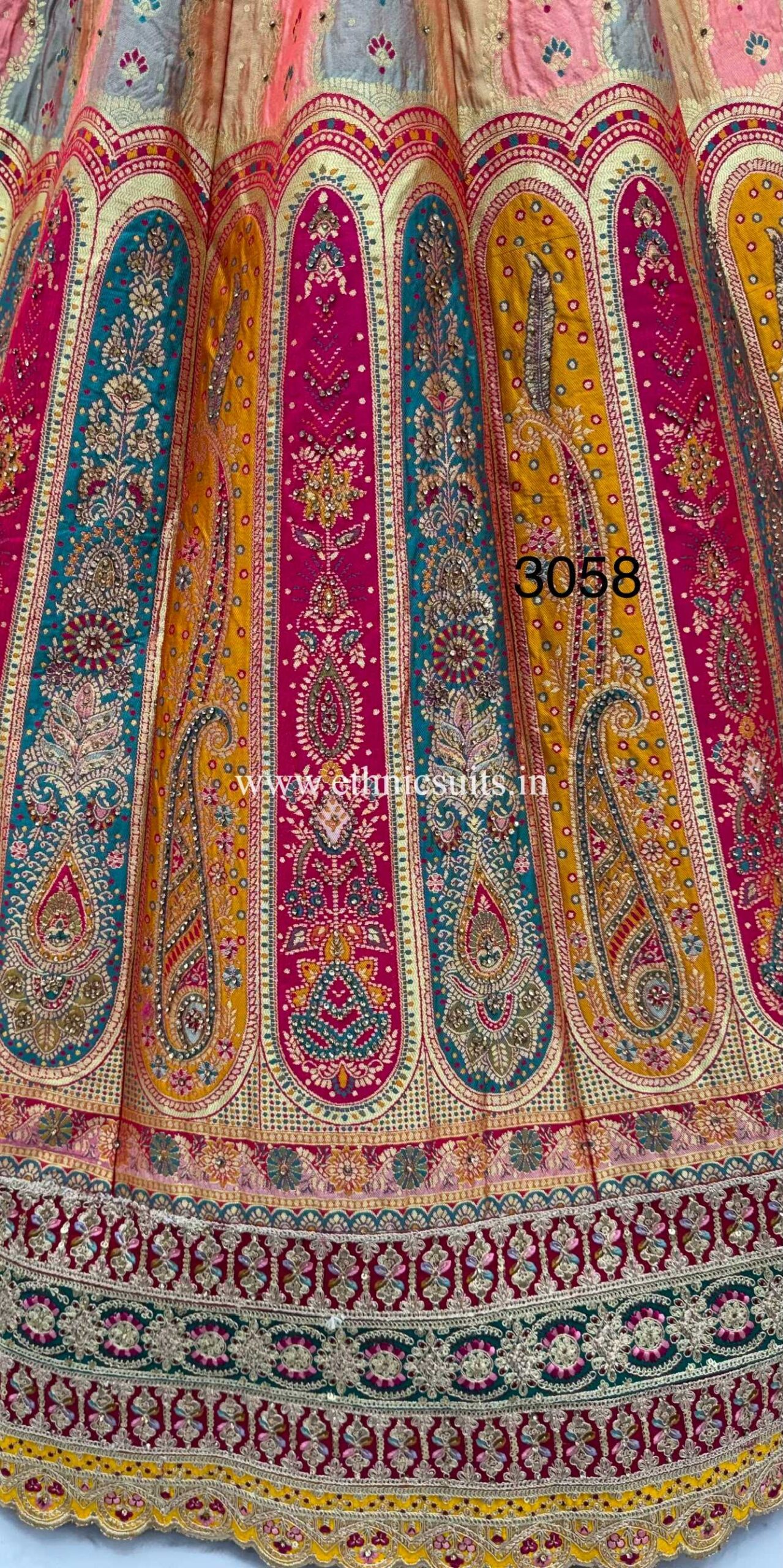 Multi-Color Panel Banarasi Silk Wedding Lehenga