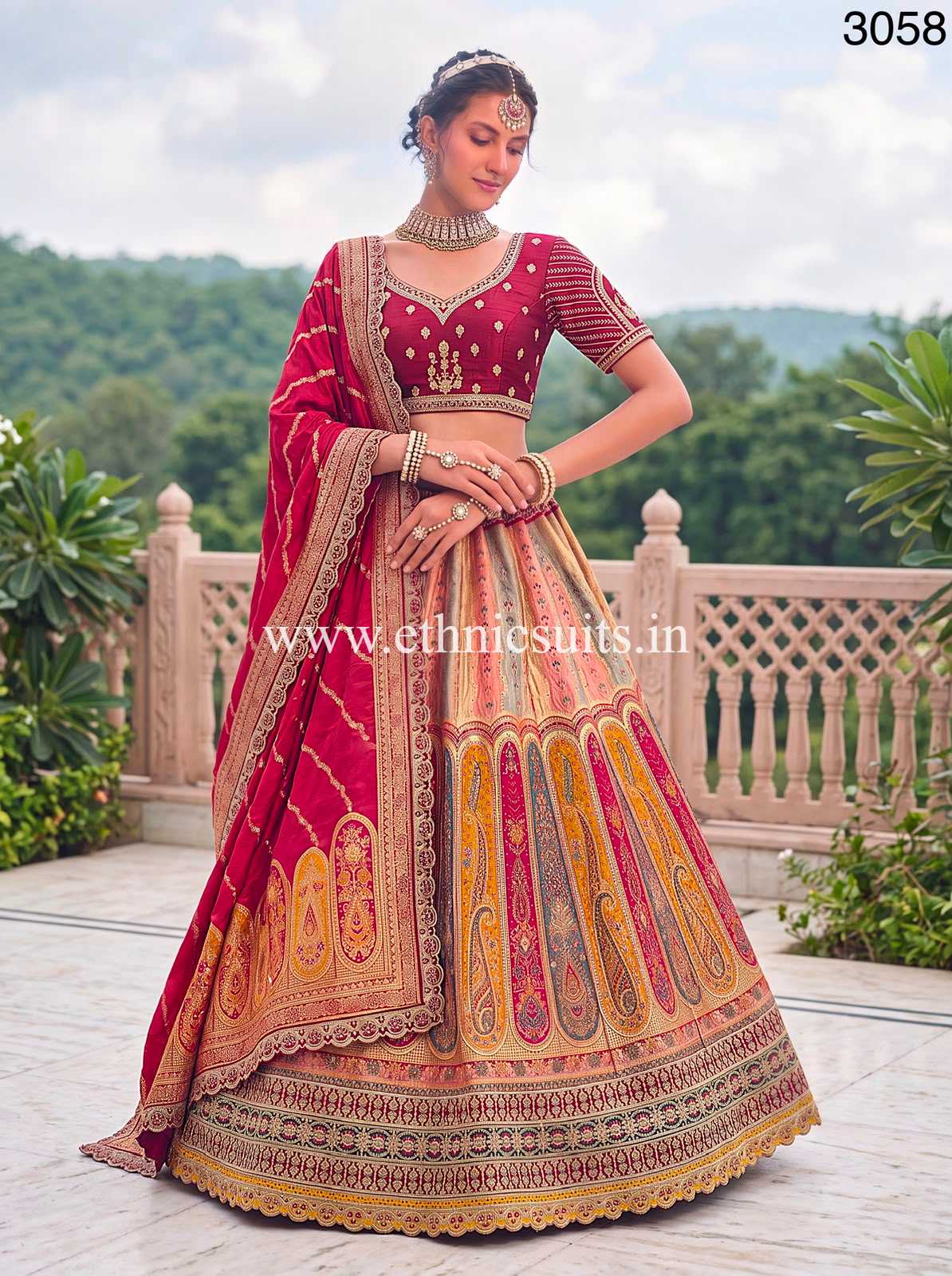 Multi-Color Panel Banarasi Silk Wedding Lehenga