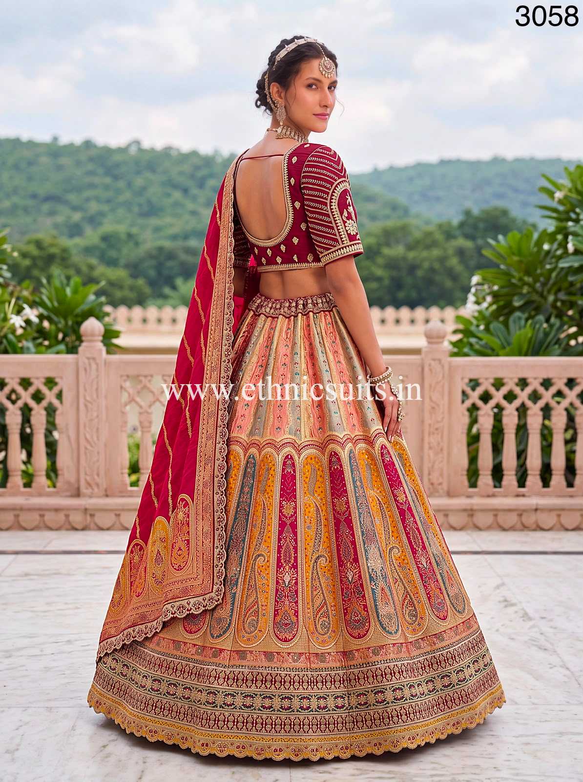 Multi-Color Panel Banarasi Silk Wedding Lehenga