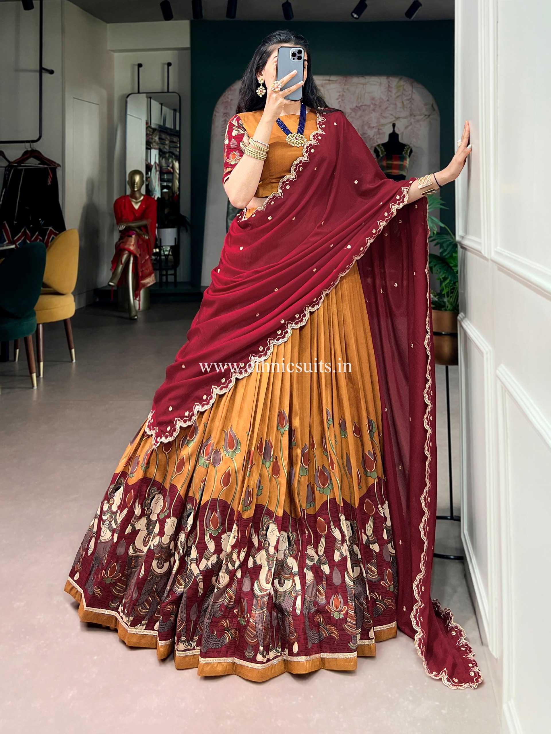 Orange Color Kalamkari Printed Lehenga Blouse