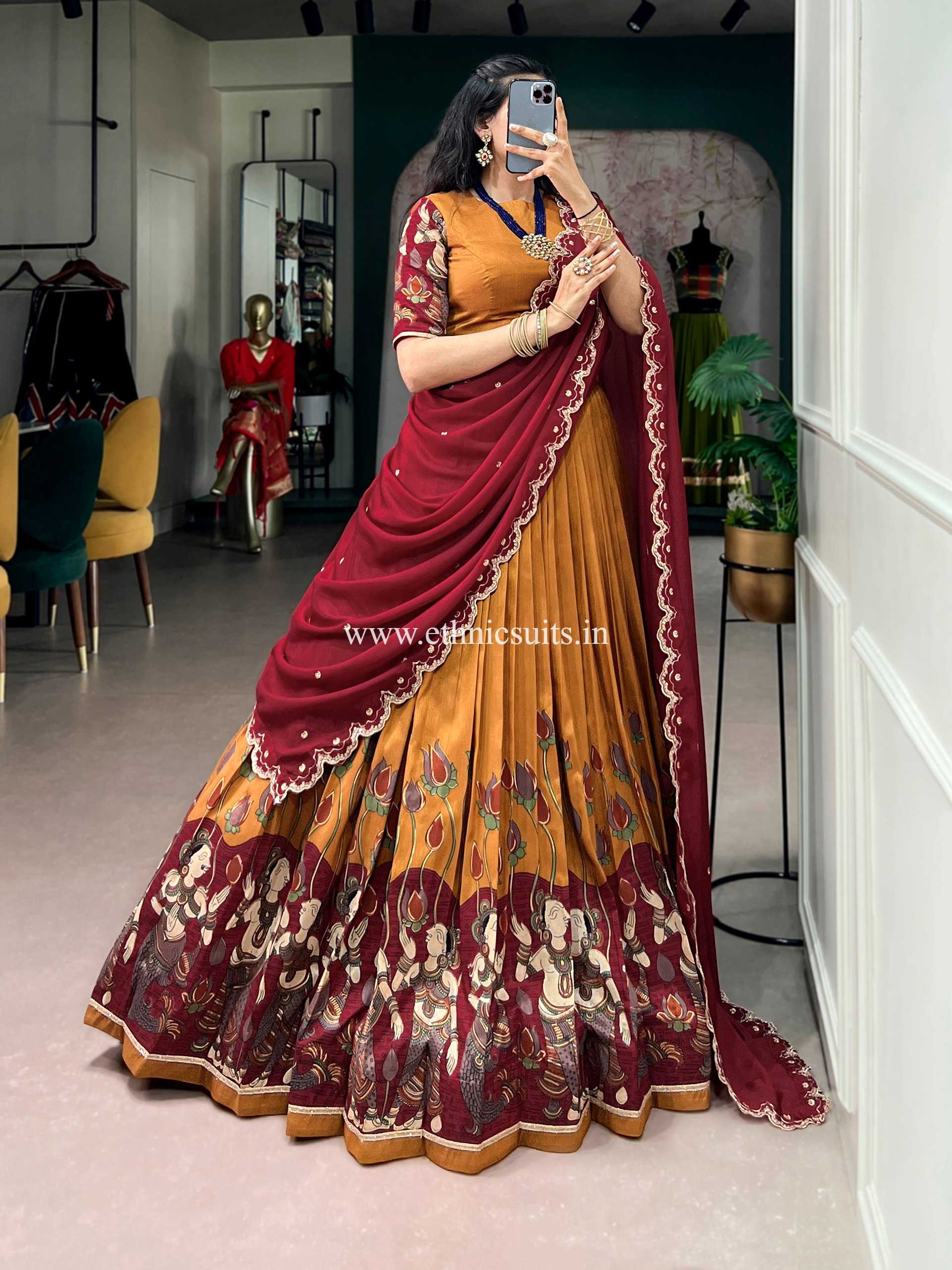 Orange Color Kalamkari Printed Lehenga Blouse