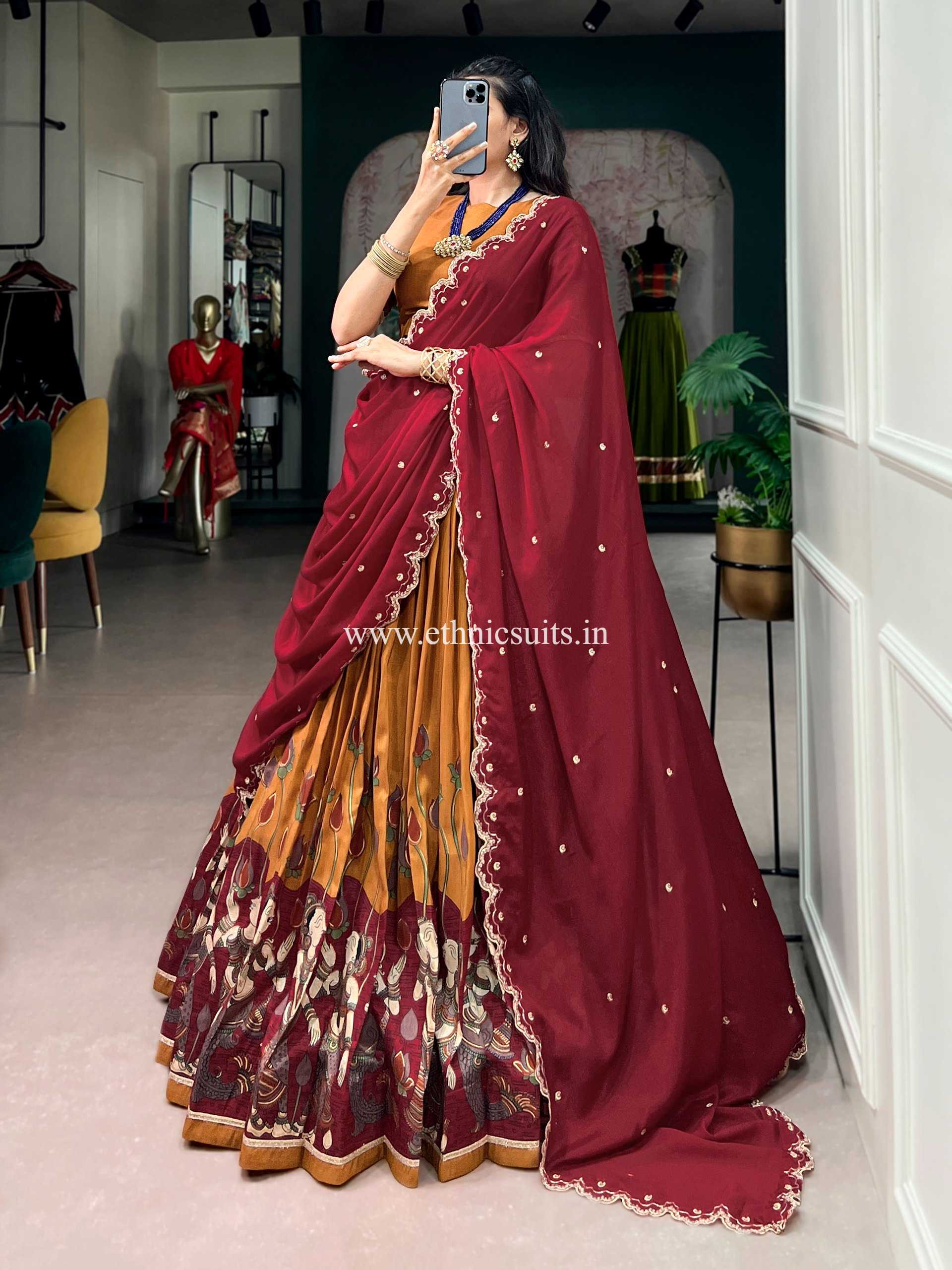 Orange Color Kalamkari Printed Lehenga Blouse