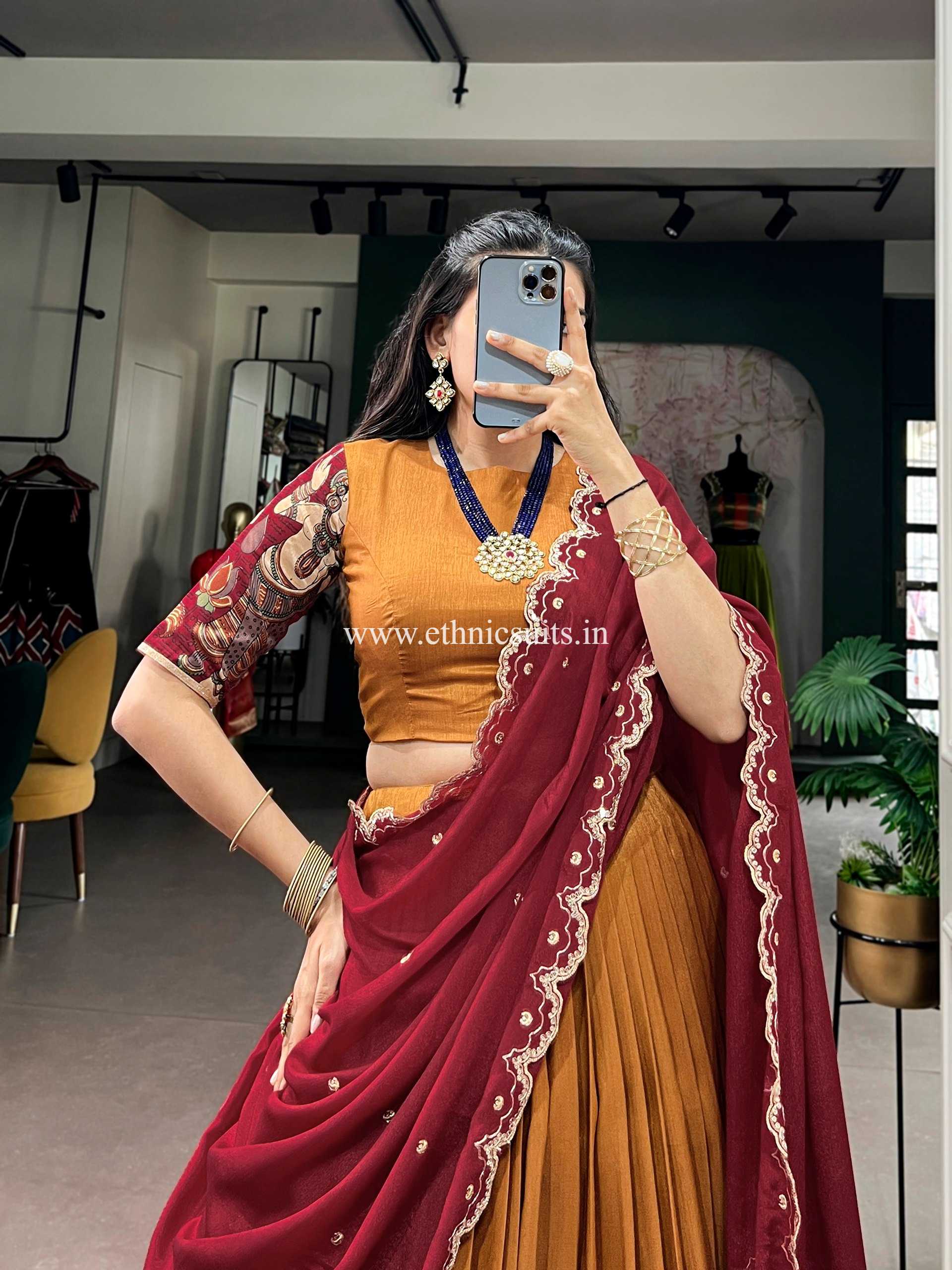 Orange Color Kalamkari Printed Lehenga Blouse