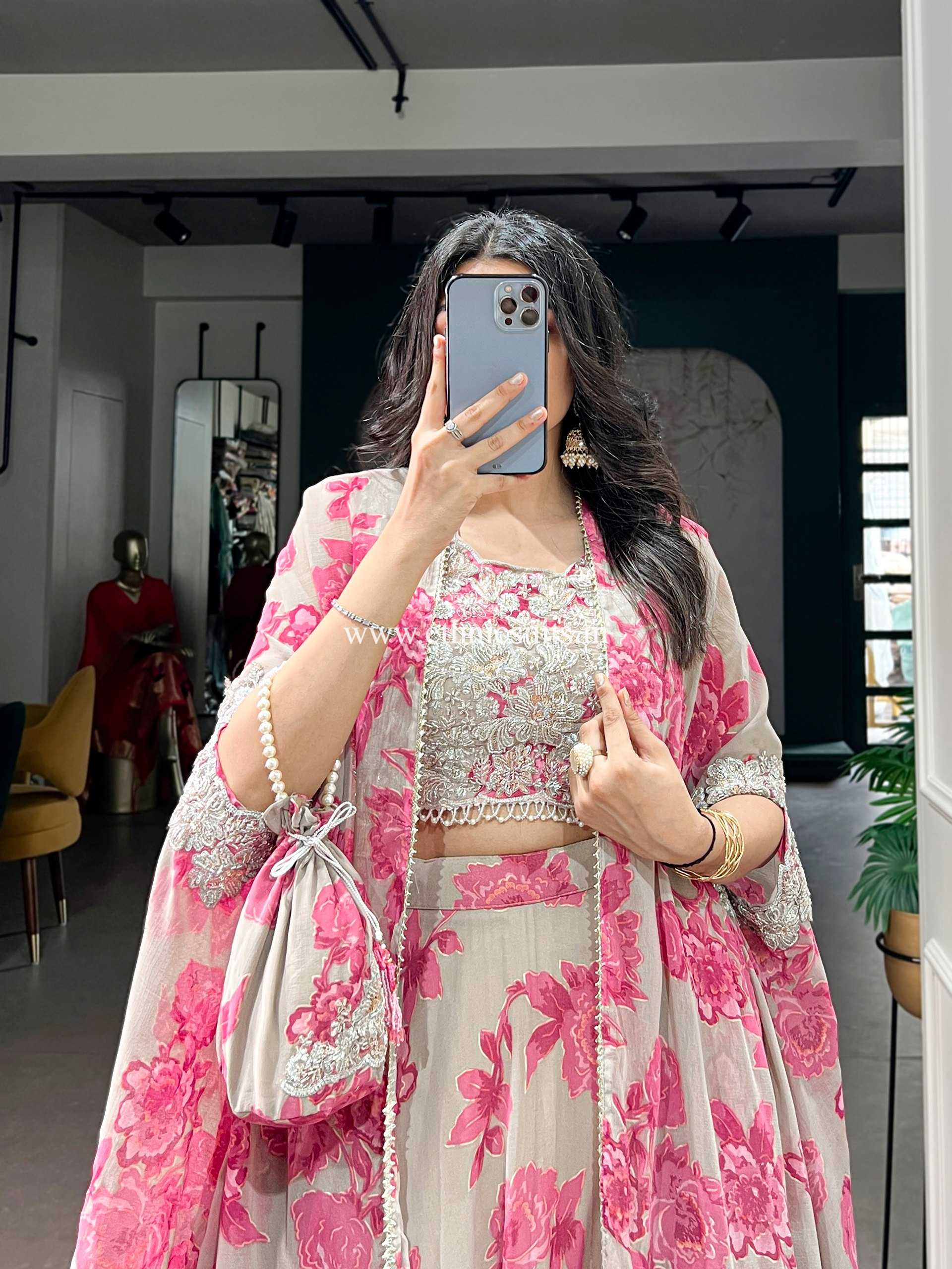 Party Wear Pink Floral Lehenga Choli with Cape