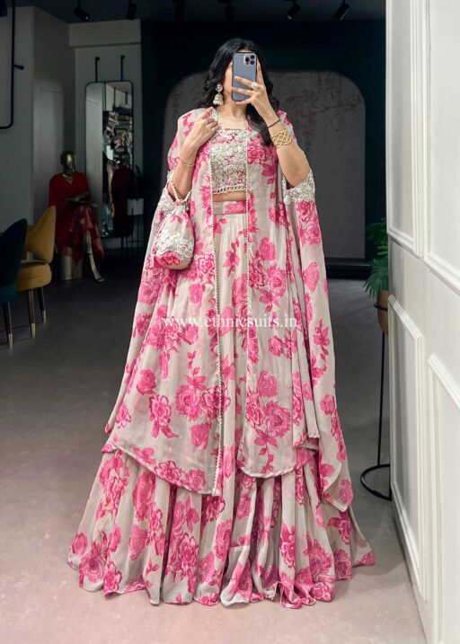 Party Wear Pink Floral Lehenga Choli with Cape