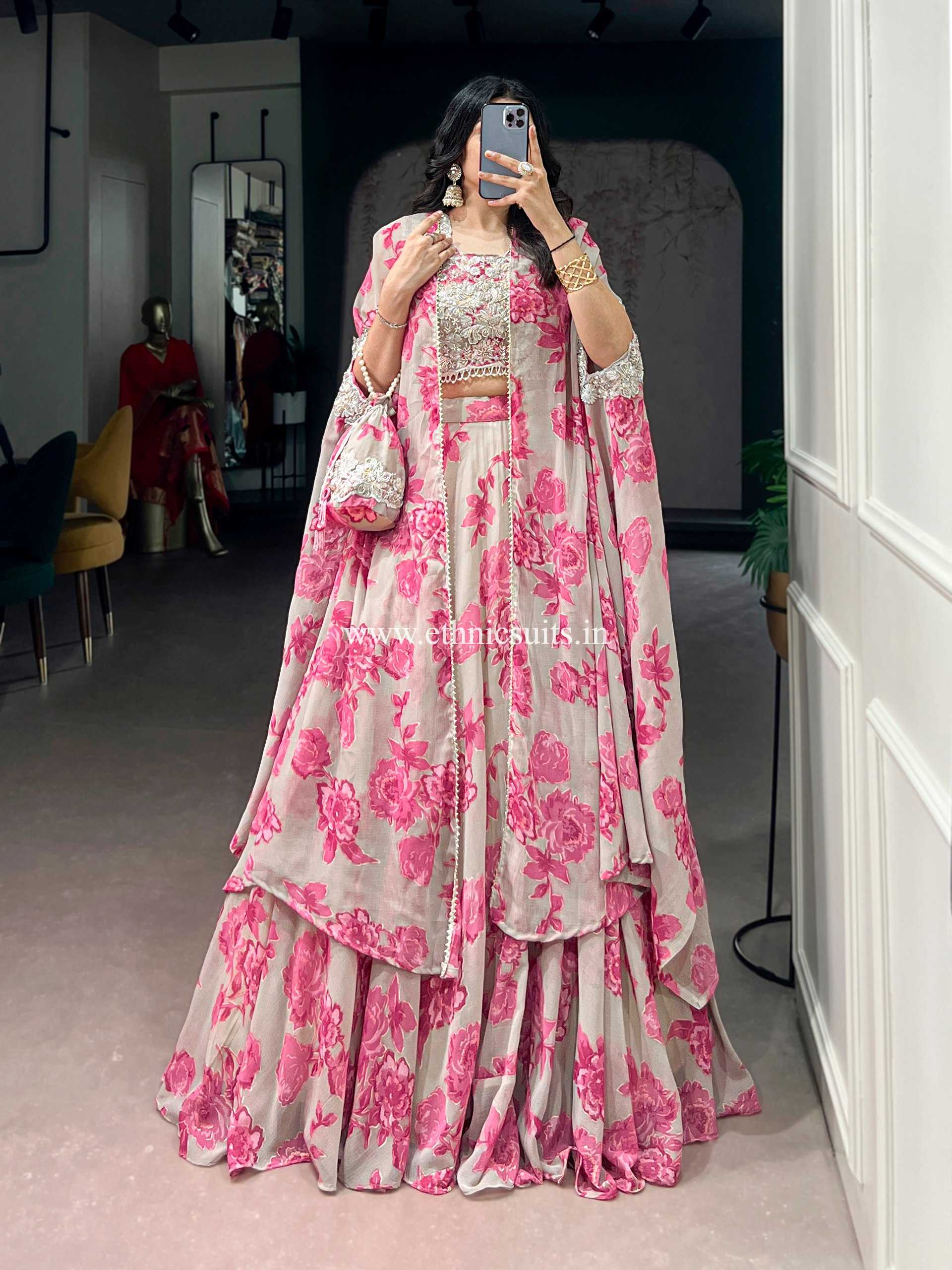 Party Wear Pink Floral Lehenga Choli with Cape