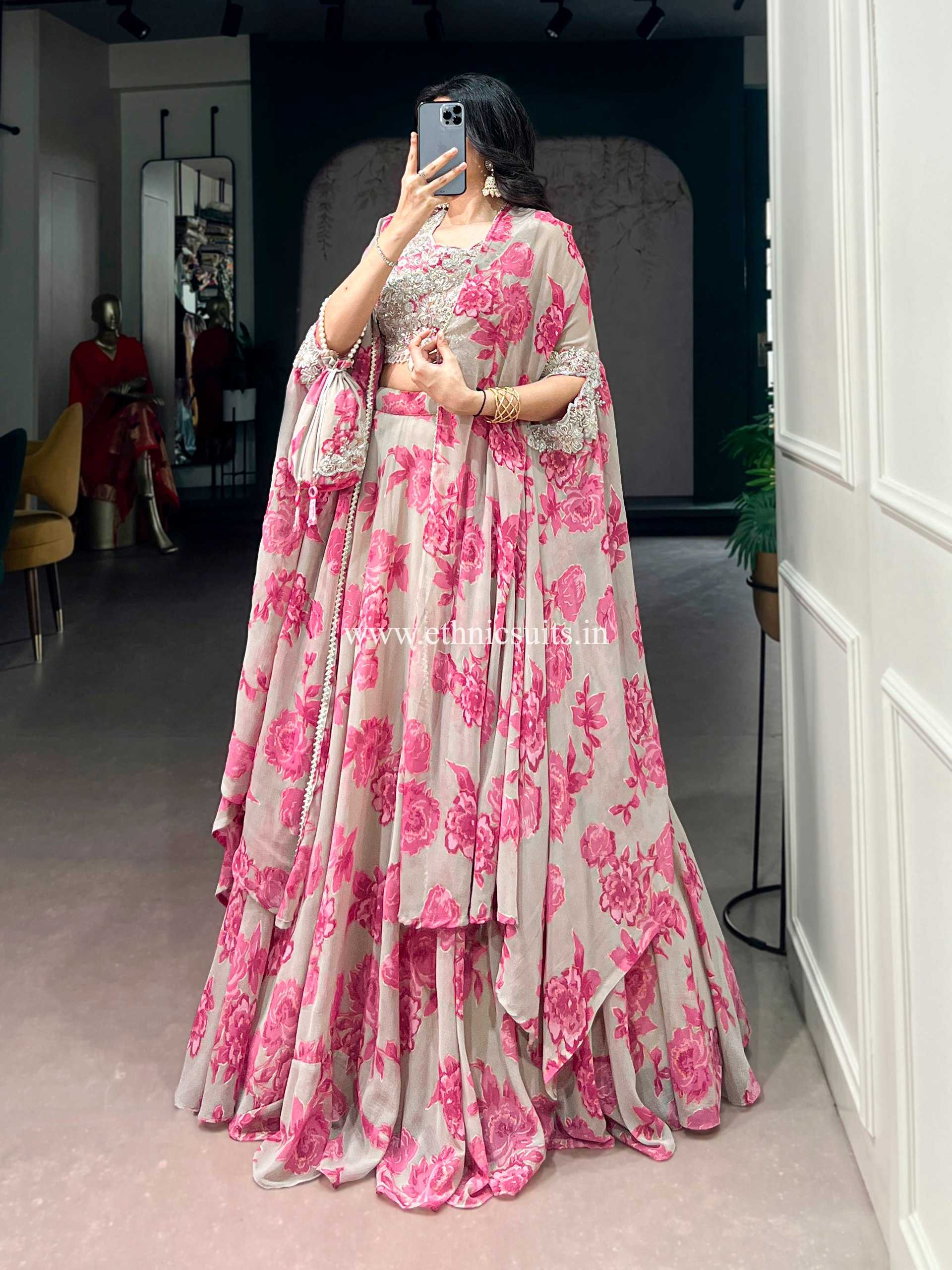 Party Wear Pink Floral Lehenga Choli with Cape