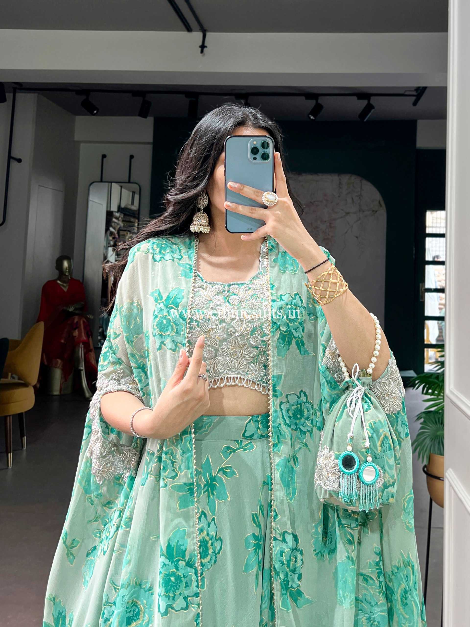 Pastel Green Floral Lehenga Choli with Cape Dupatta