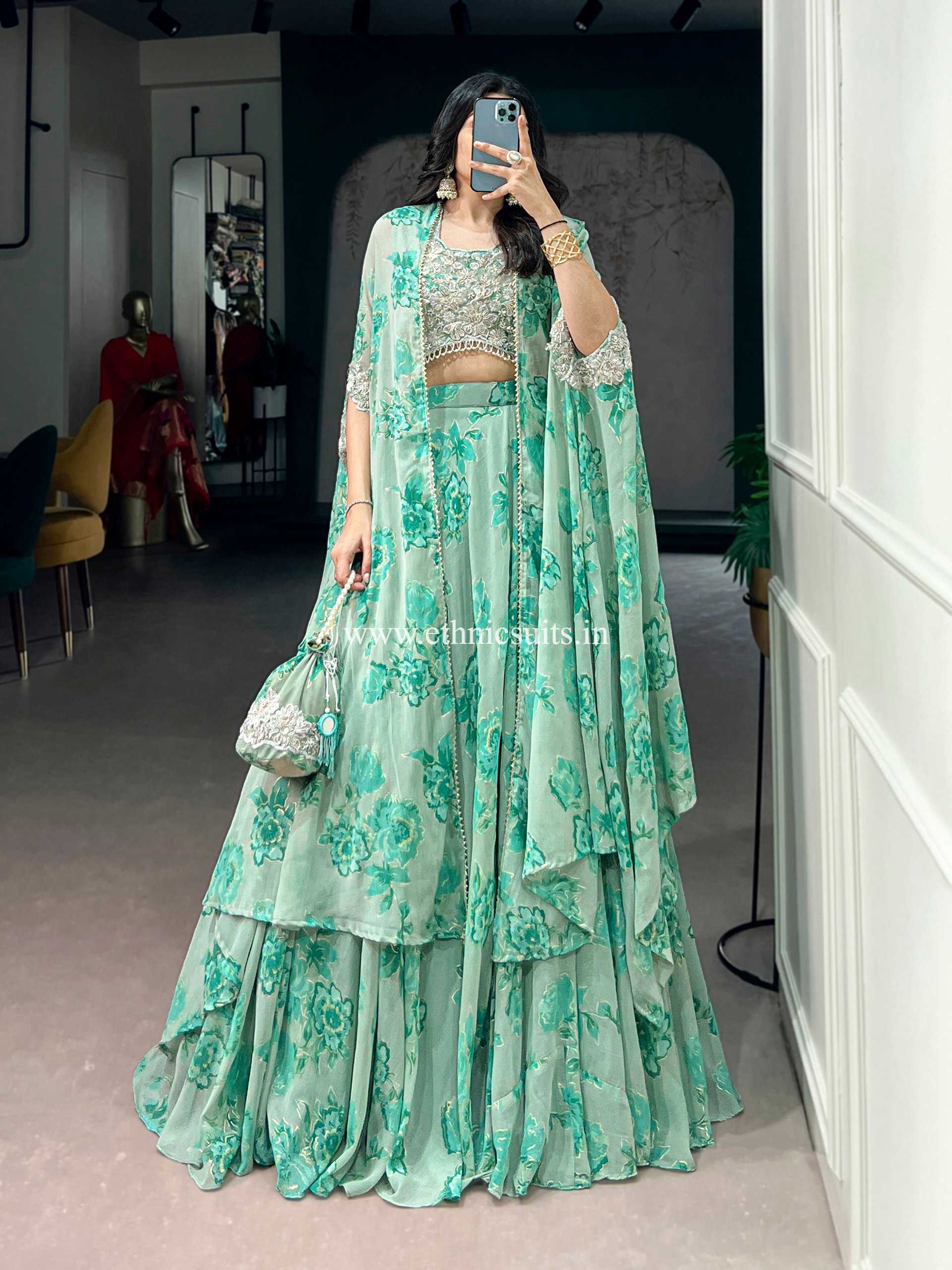 Pastel Green Floral Lehenga Choli with Cape Dupatta