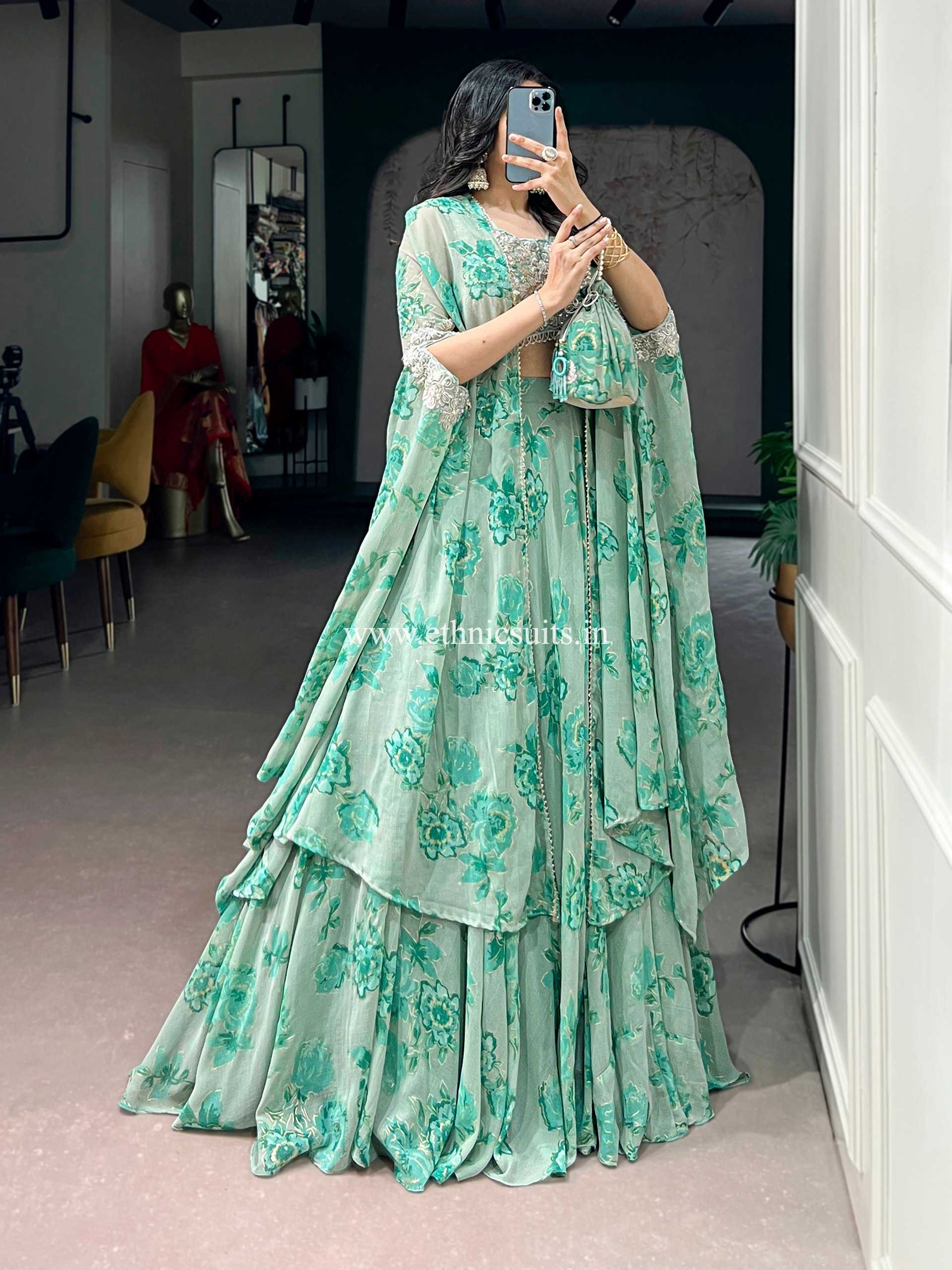 Pastel Green Floral Lehenga Choli with Cape Dupatta