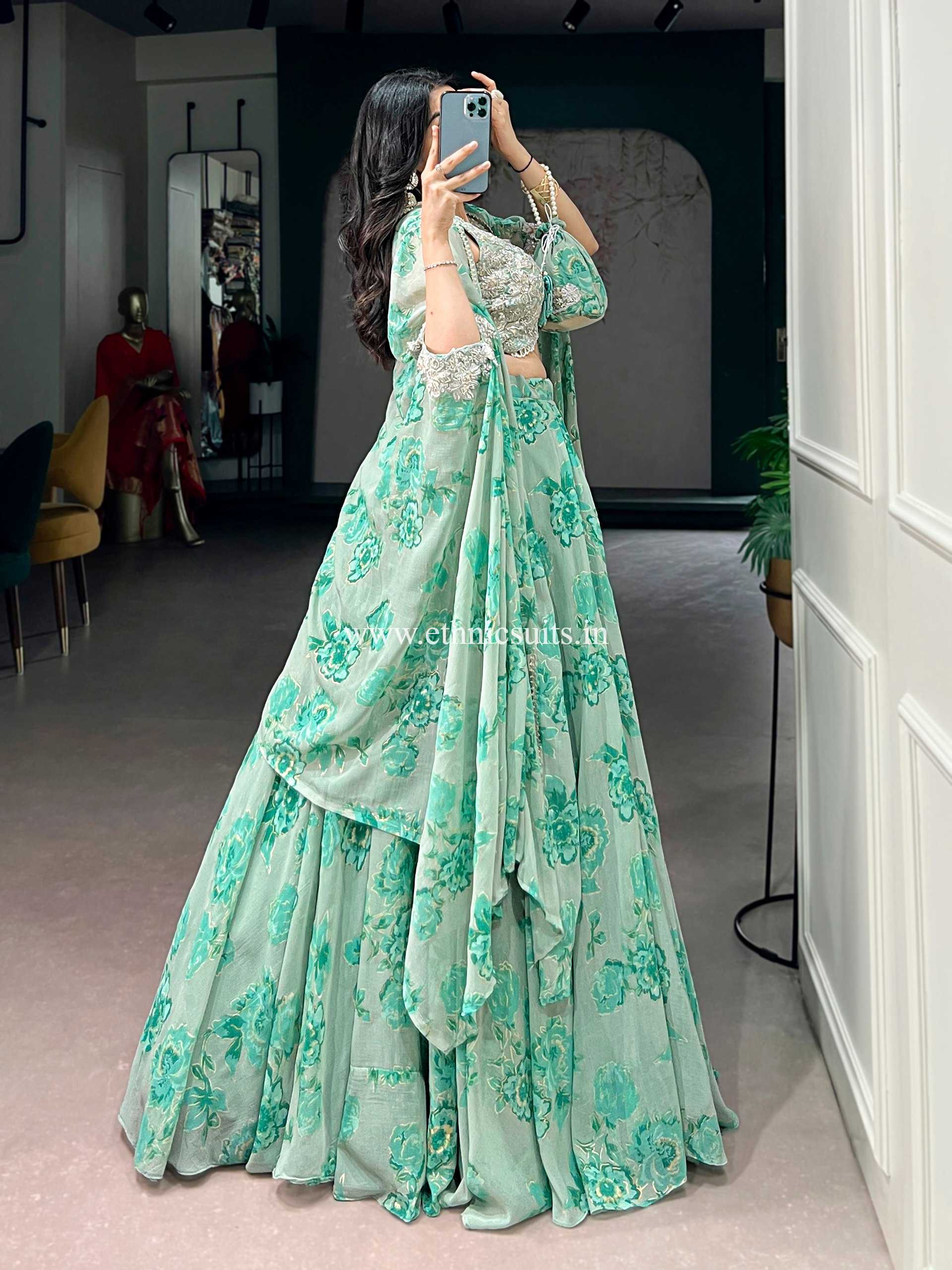 Pastel Green Floral Lehenga Choli with Cape Dupatta