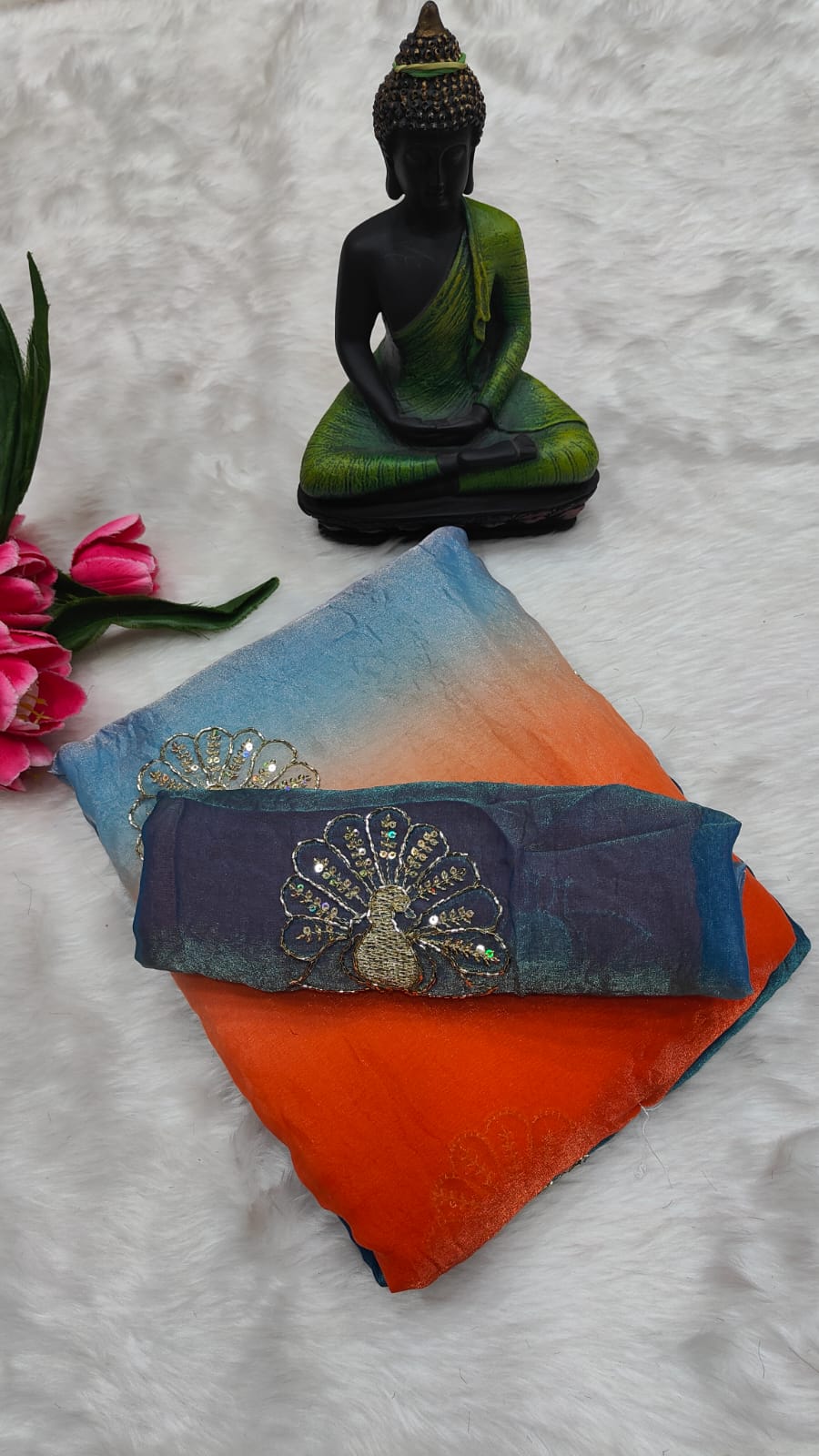 Peacock Embroidery Cut Dana work Saree