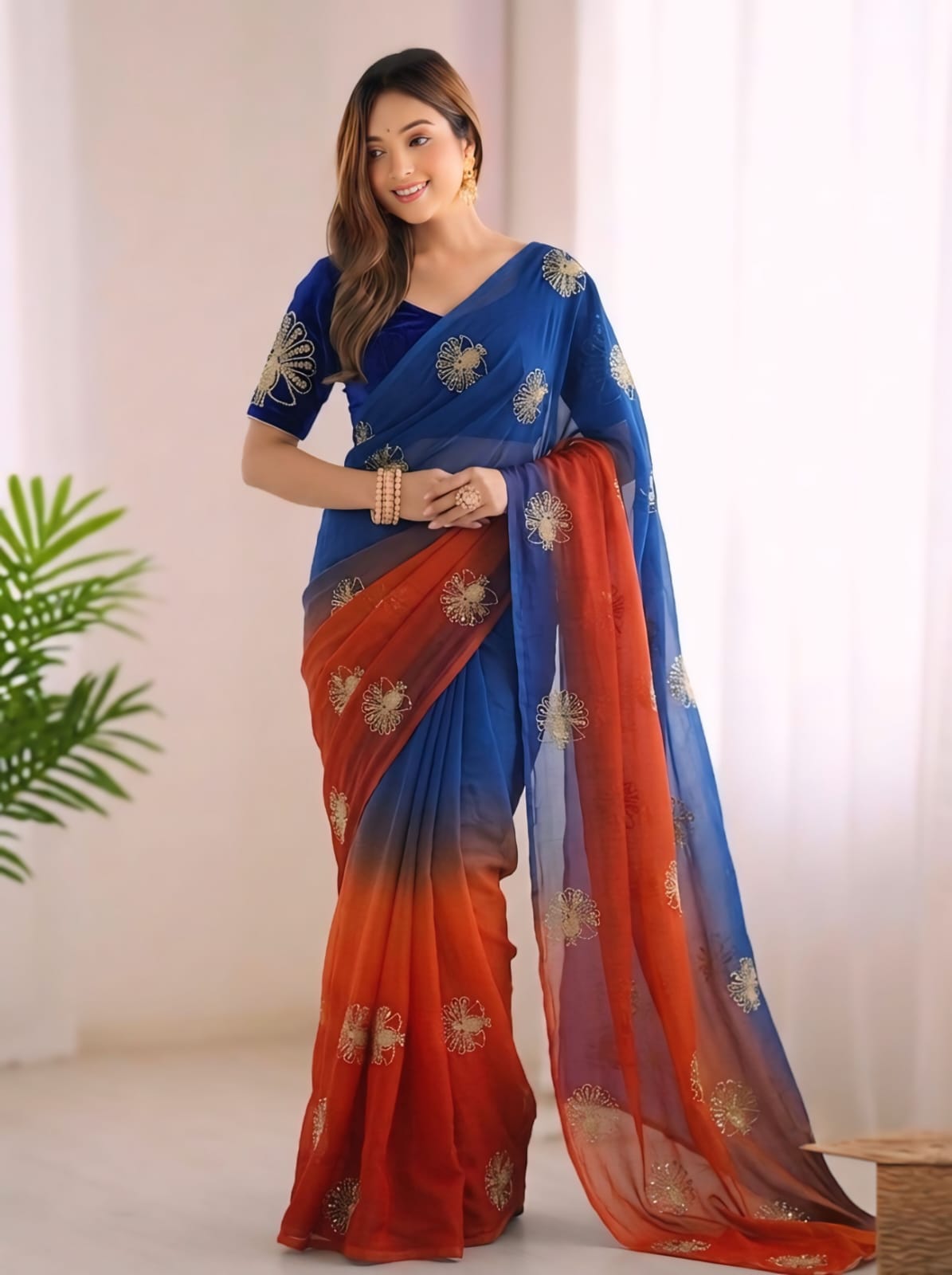 Peacock Embroidery Cut Dana work Saree