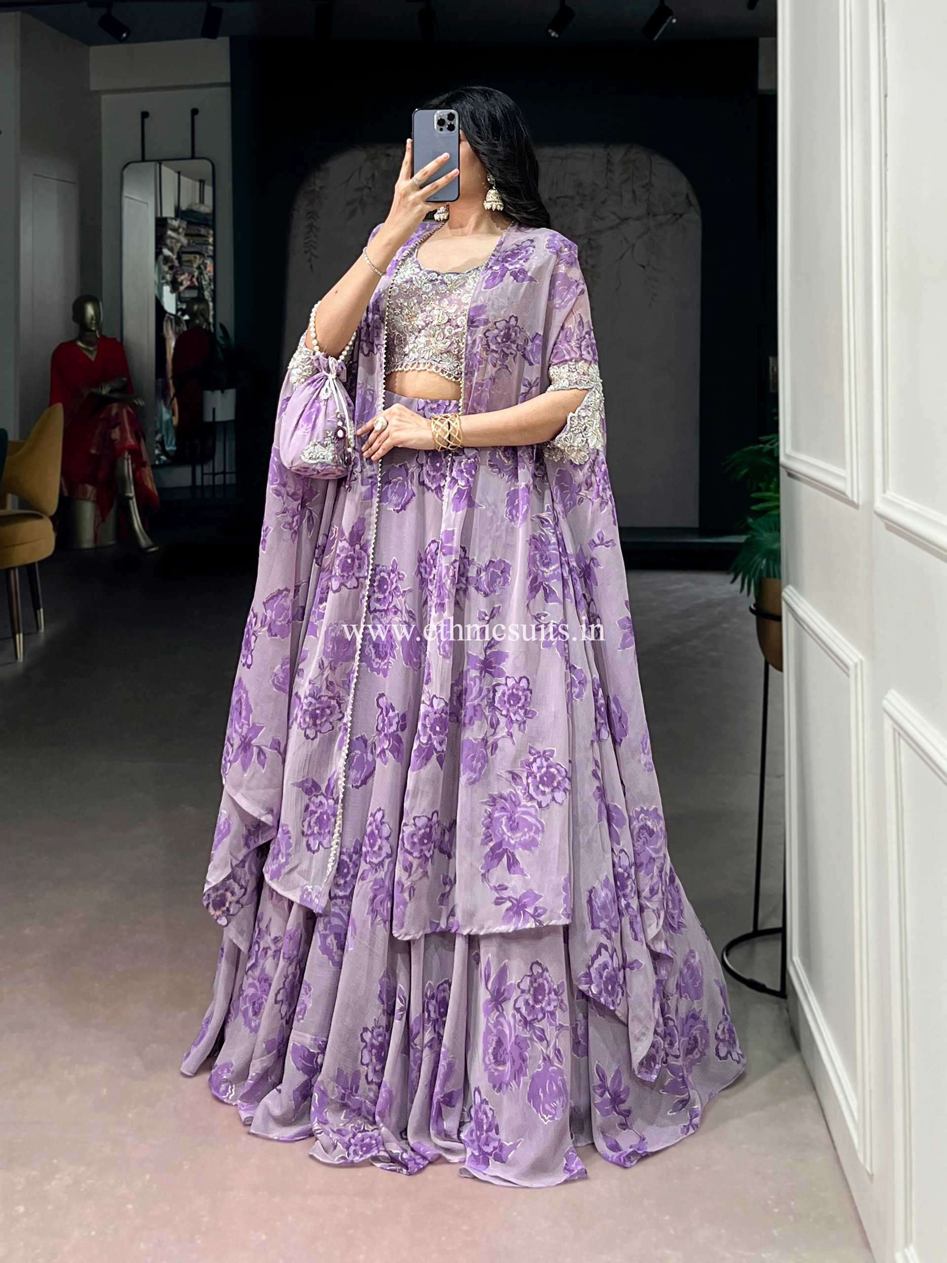 Purple Color Floral Lehenga Choli with Cape Dupatta