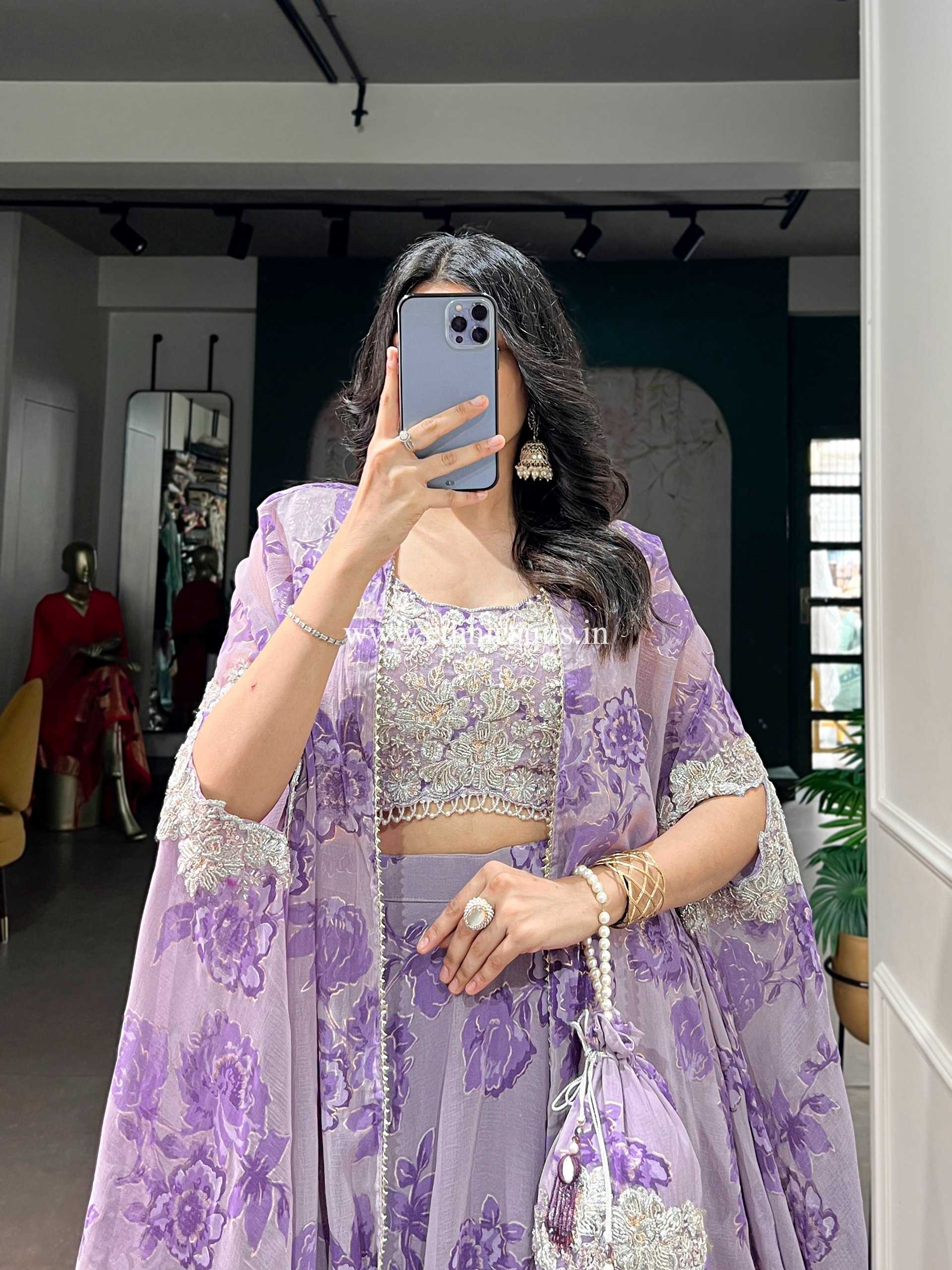 Purple Color Floral Lehenga Choli with Cape Dupatta