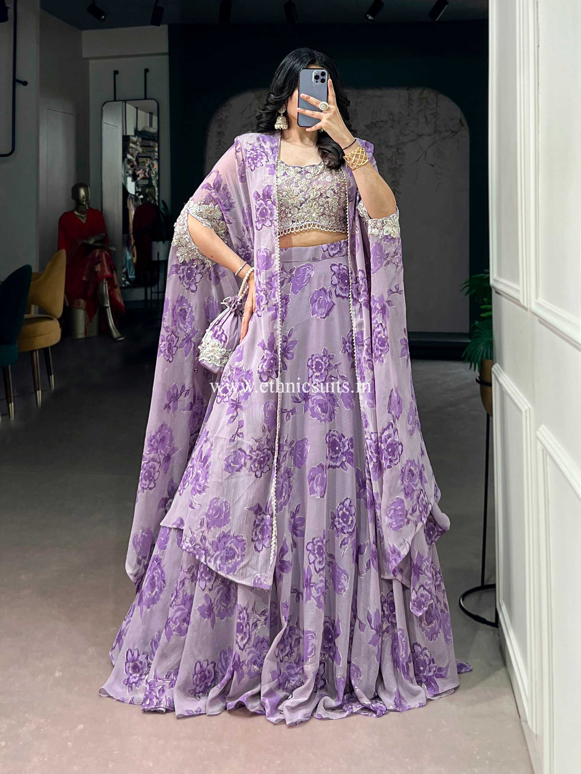 Purple Color Floral Lehenga Choli with Cape Dupatta