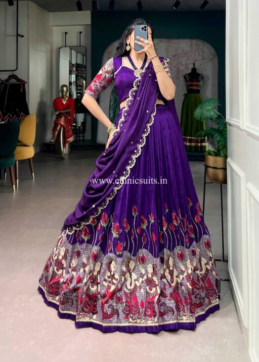 Purple Color Kalamkari Printed Lehenga Blouse