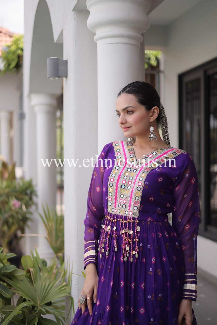 Purple Color Laheriya Printed Kutchi work Gown for Navratri