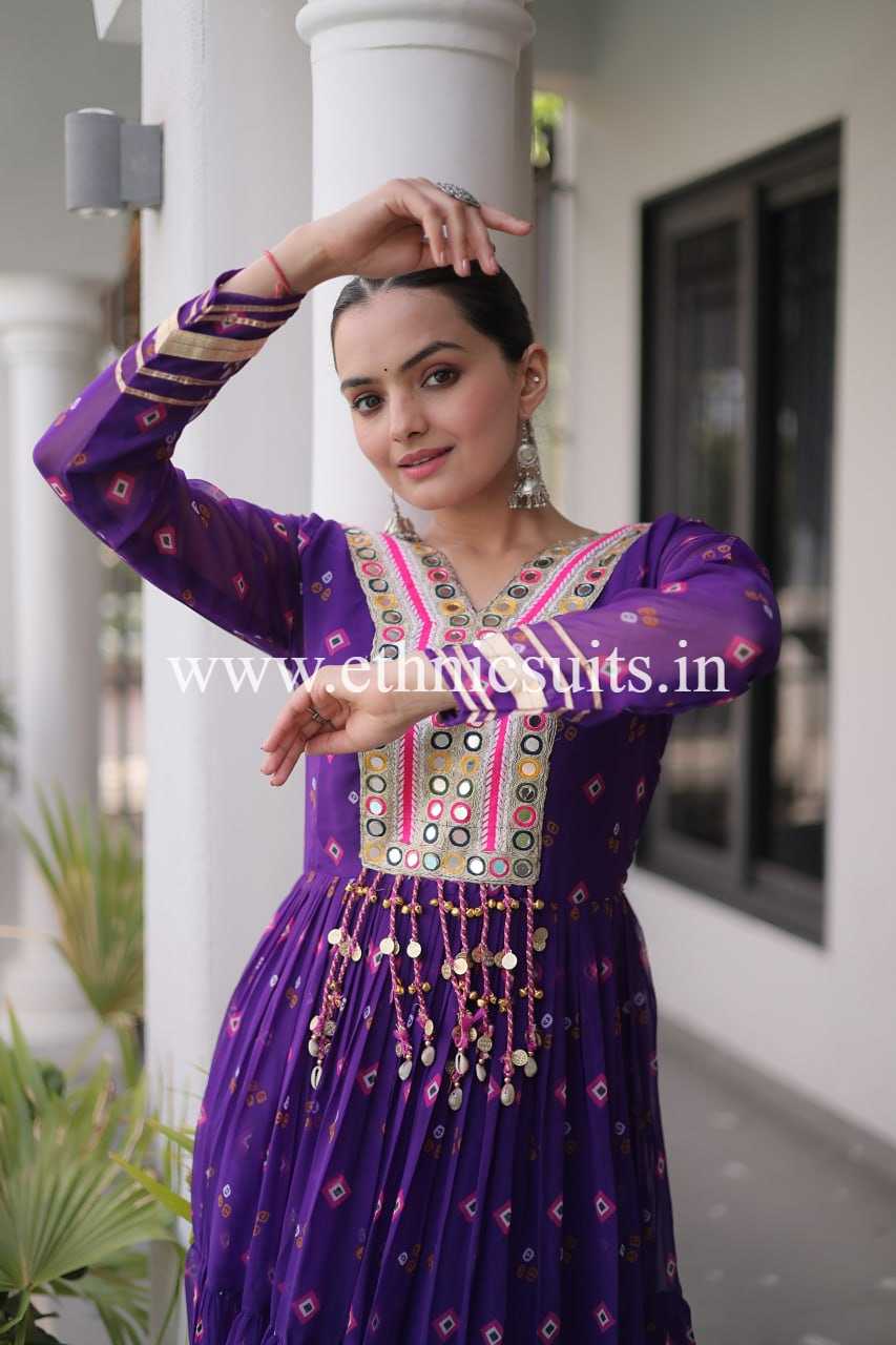 Purple Color Laheriya Printed Kutchi work Gown for Navratri