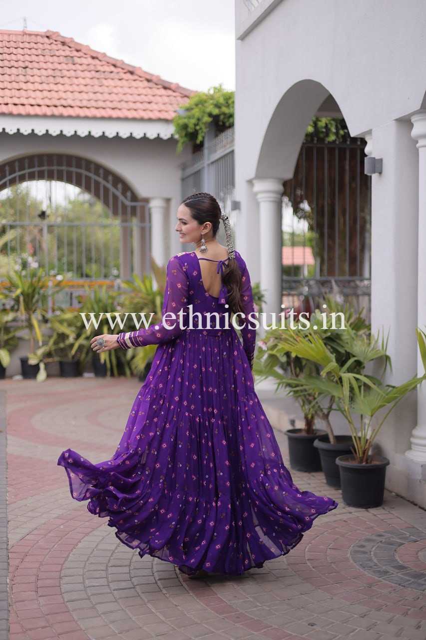 Purple Color Laheriya Printed Kutchi work Gown for Navratri