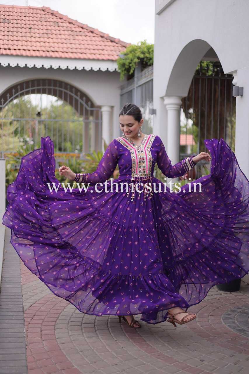 Purple Color Laheriya Printed Kutchi work Gown for Navratri