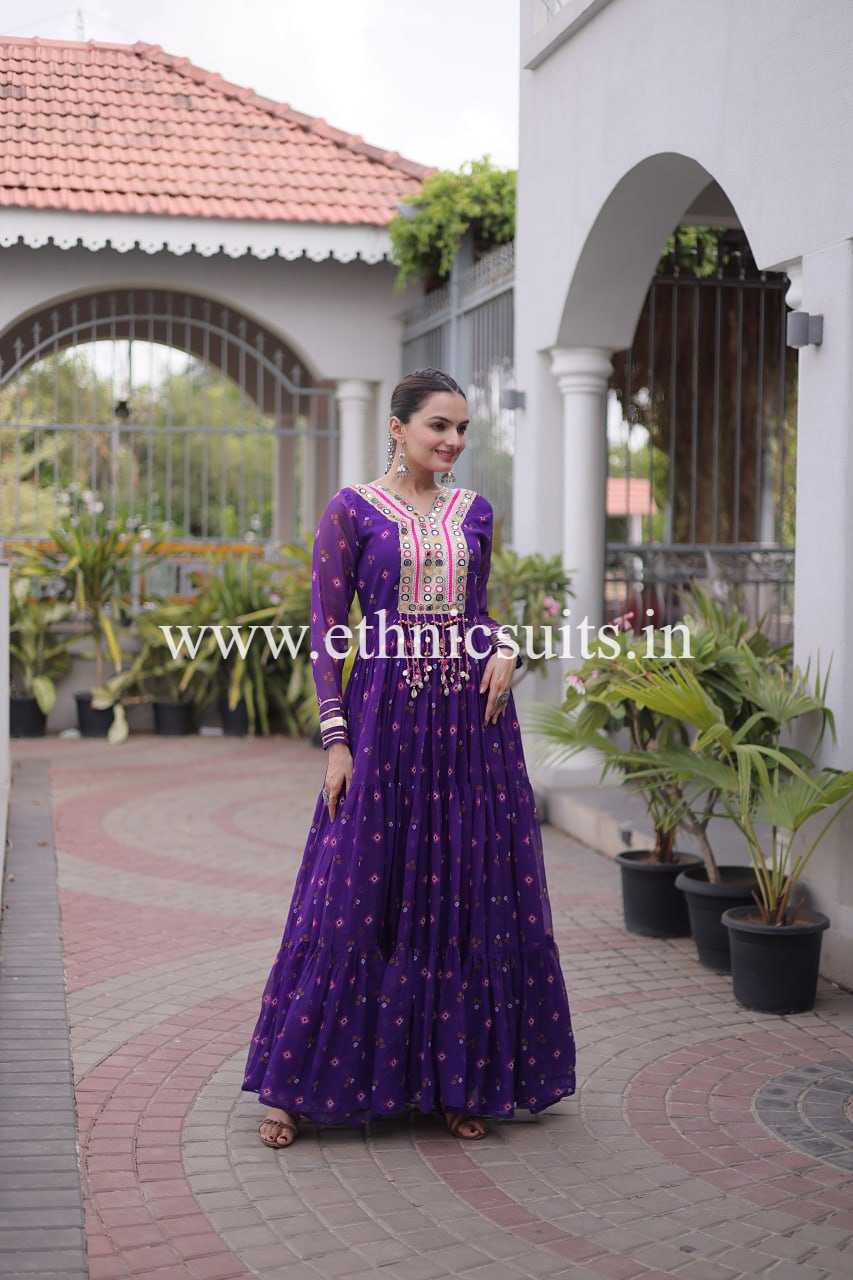 Purple Color Laheriya Printed Kutchi work Gown for Navratri