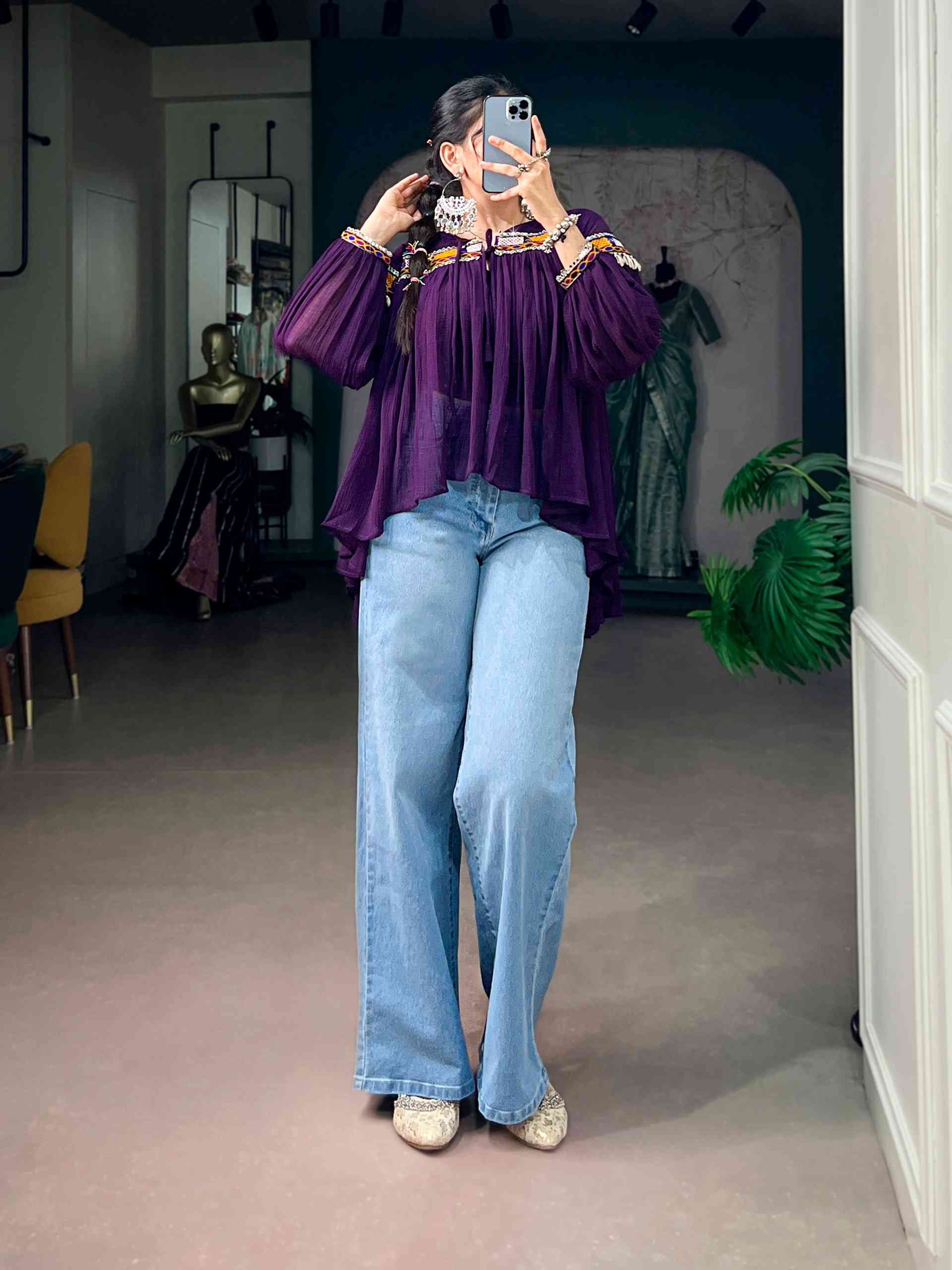 Purple Kutchi Work Tunic Top for Women