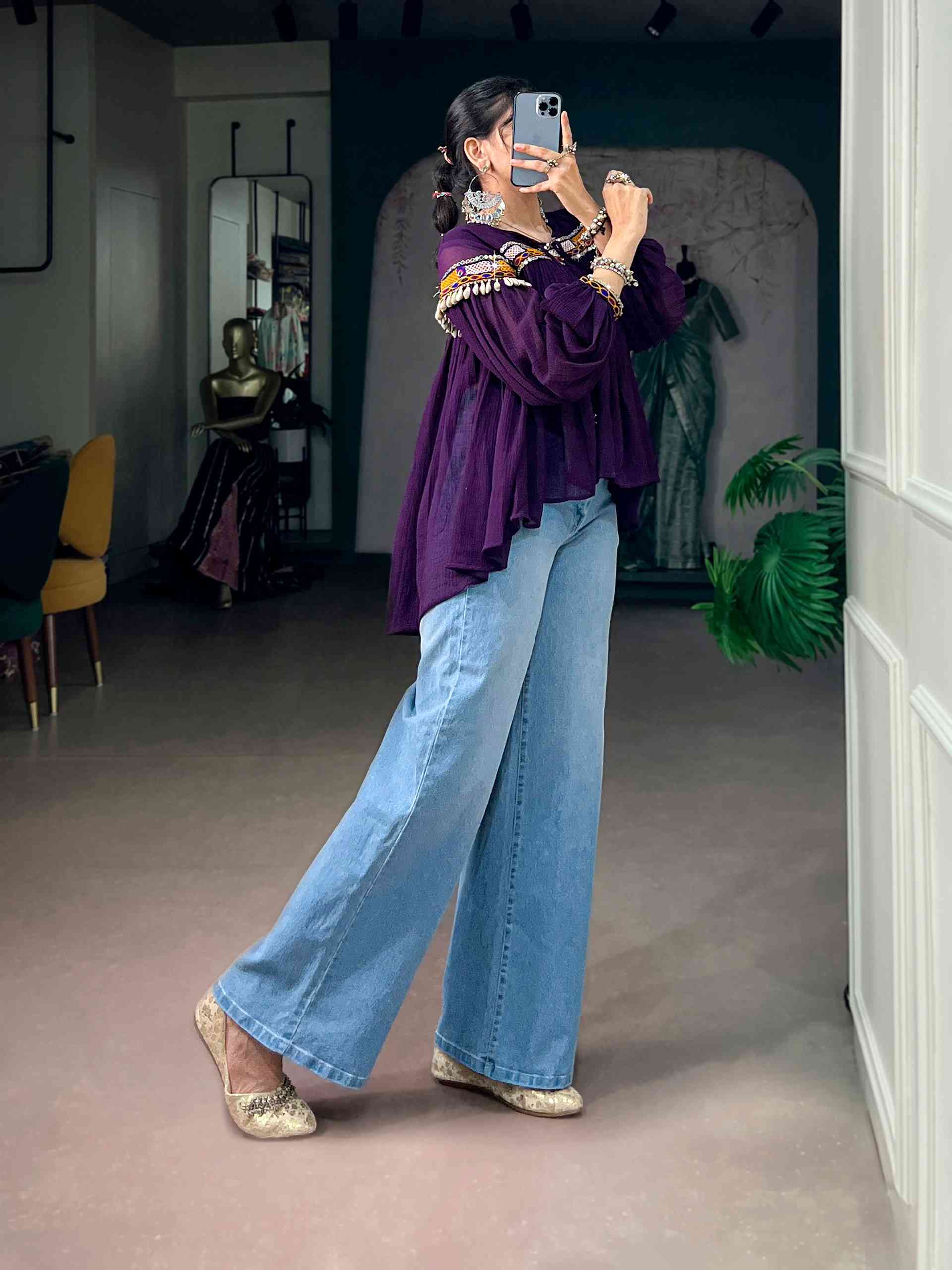 Purple Kutchi Work Tunic Top for Women
