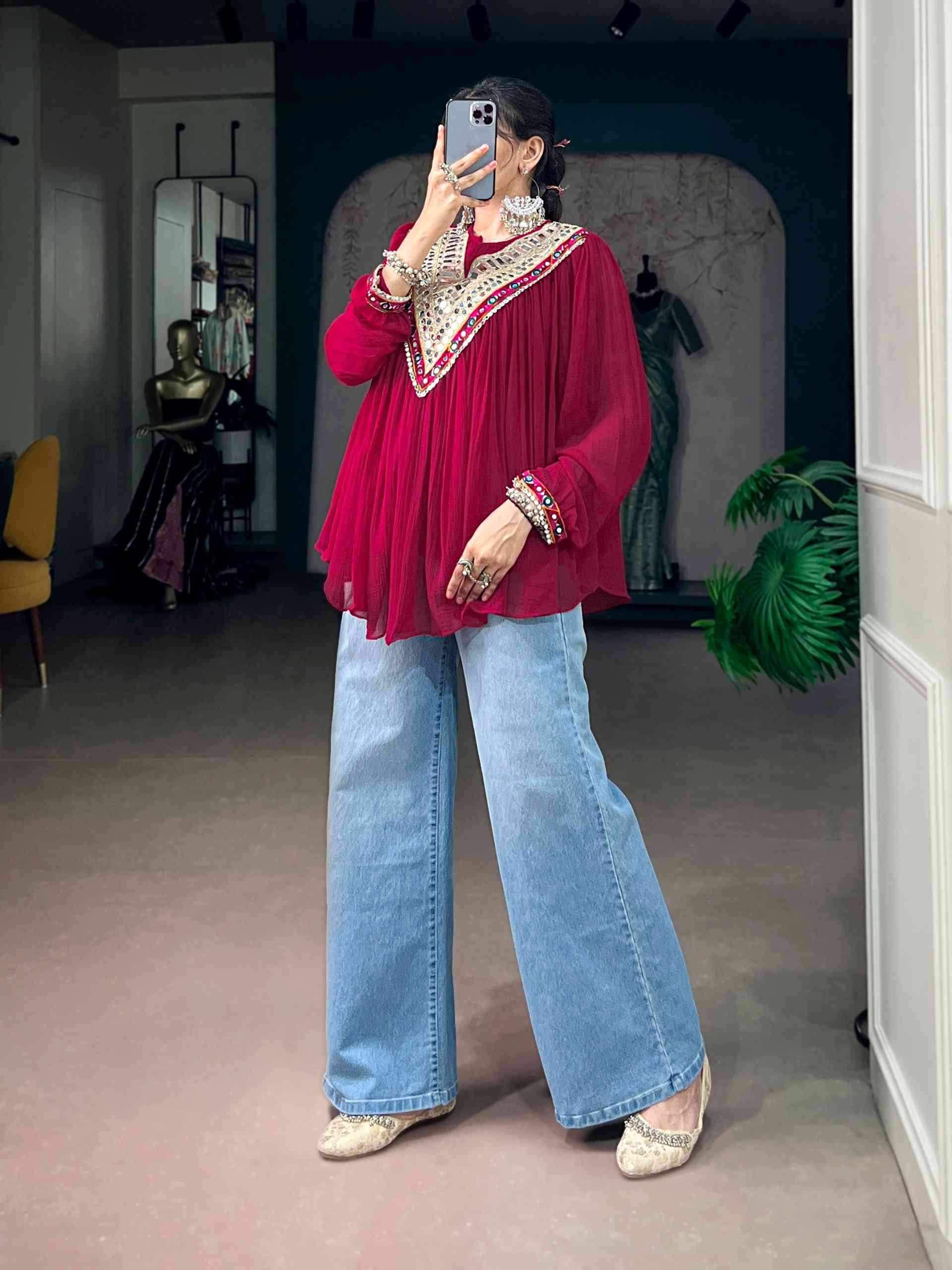 Red Designer V Neck Tunic Top for Navratri