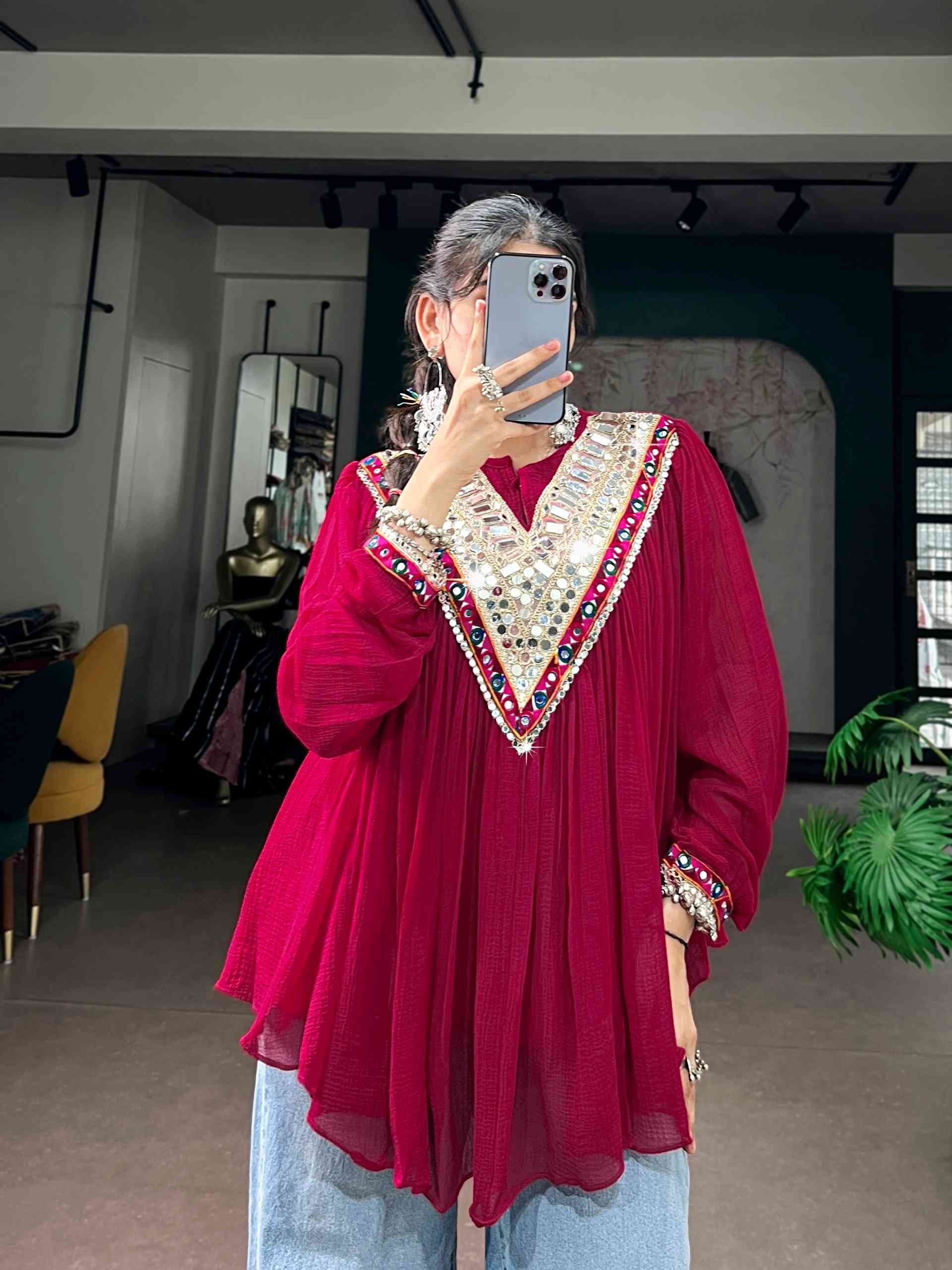 Red Designer V Neck Tunic Top for Navratri