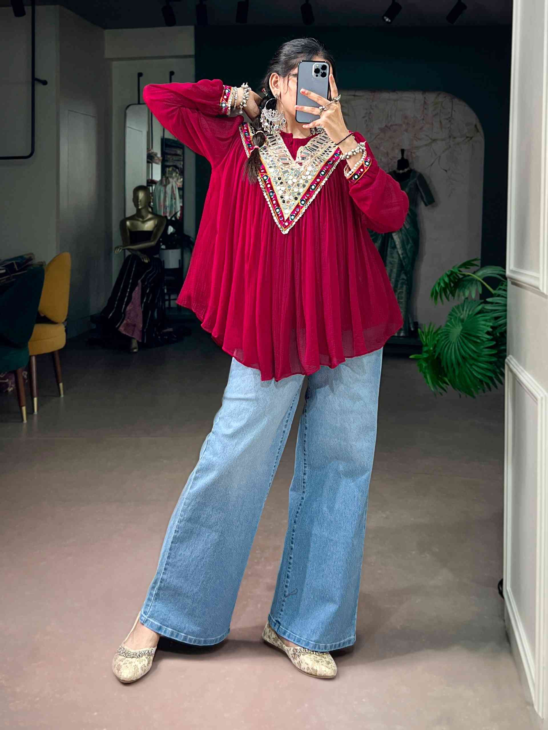 Red Designer V Neck Tunic Top for Navratri