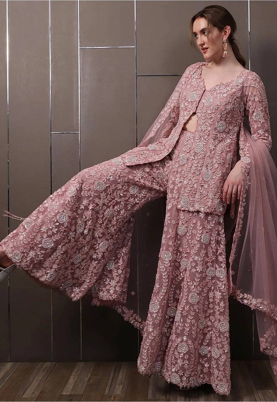 Rose Pink Slit Cut Embroidery Sharara Set