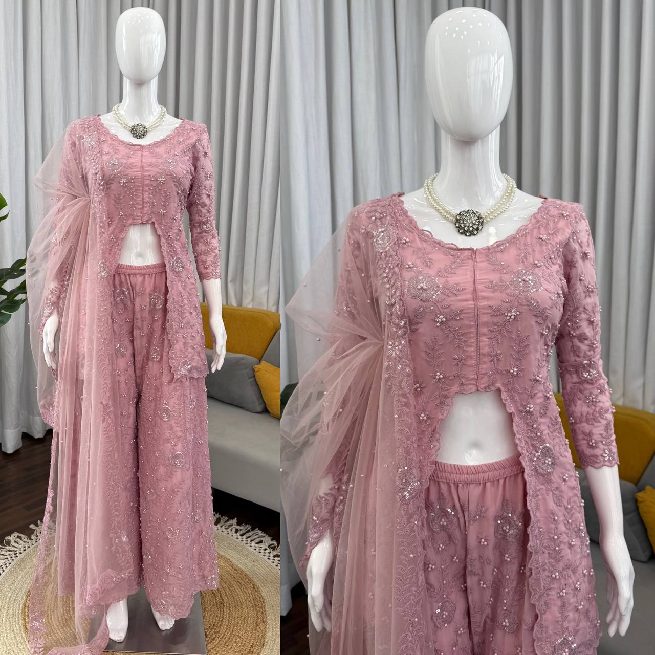 Rose Pink Slit Cut Embroidery Sharara Set