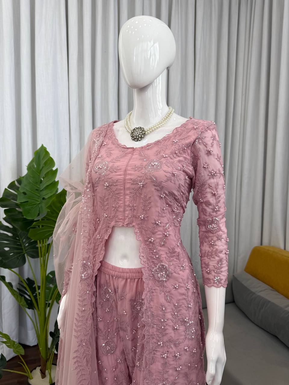 Rose Pink Slit Cut Embroidery Sharara Set