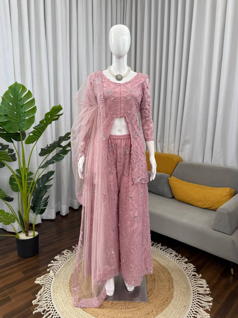 Rose Pink Slit Cut Embroidery Sharara Set