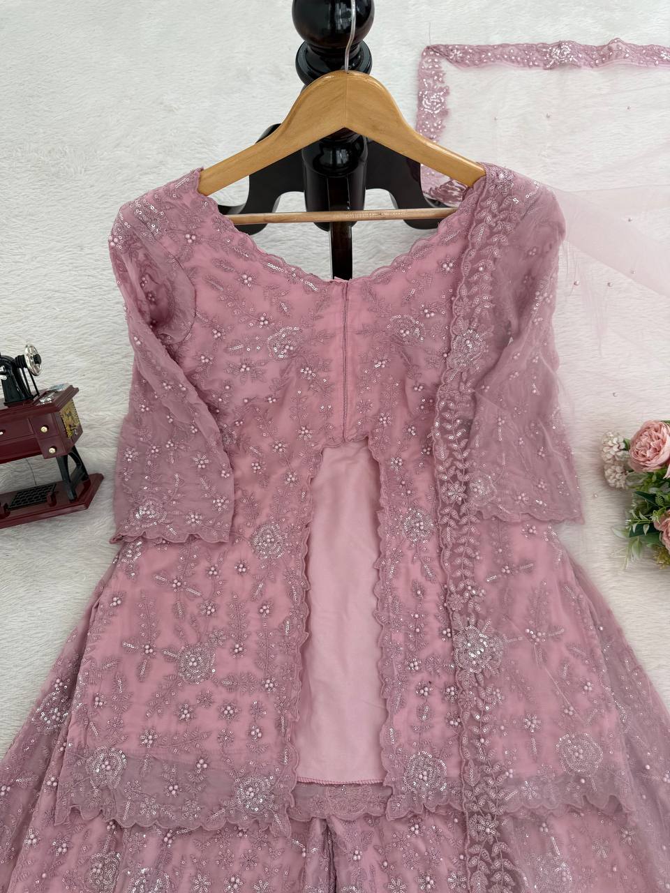 Rose Pink Slit Cut Embroidery Sharara Set
