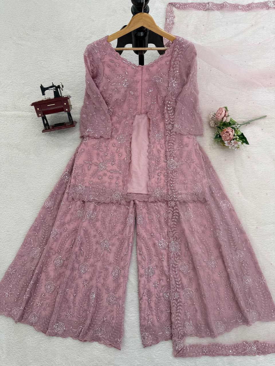 Rose Pink Slit Cut Embroidery Sharara Set
