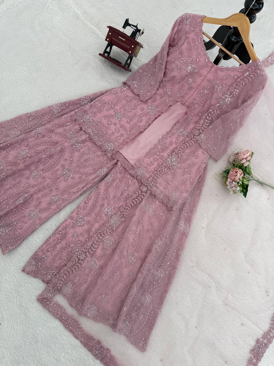 Rose Pink Slit Cut Embroidery Sharara Set