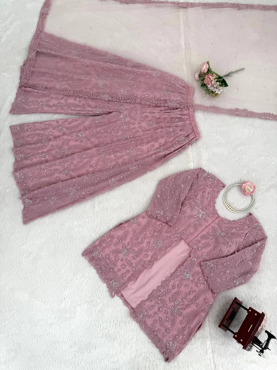 Rose Pink Slit Cut Embroidery Sharara Set