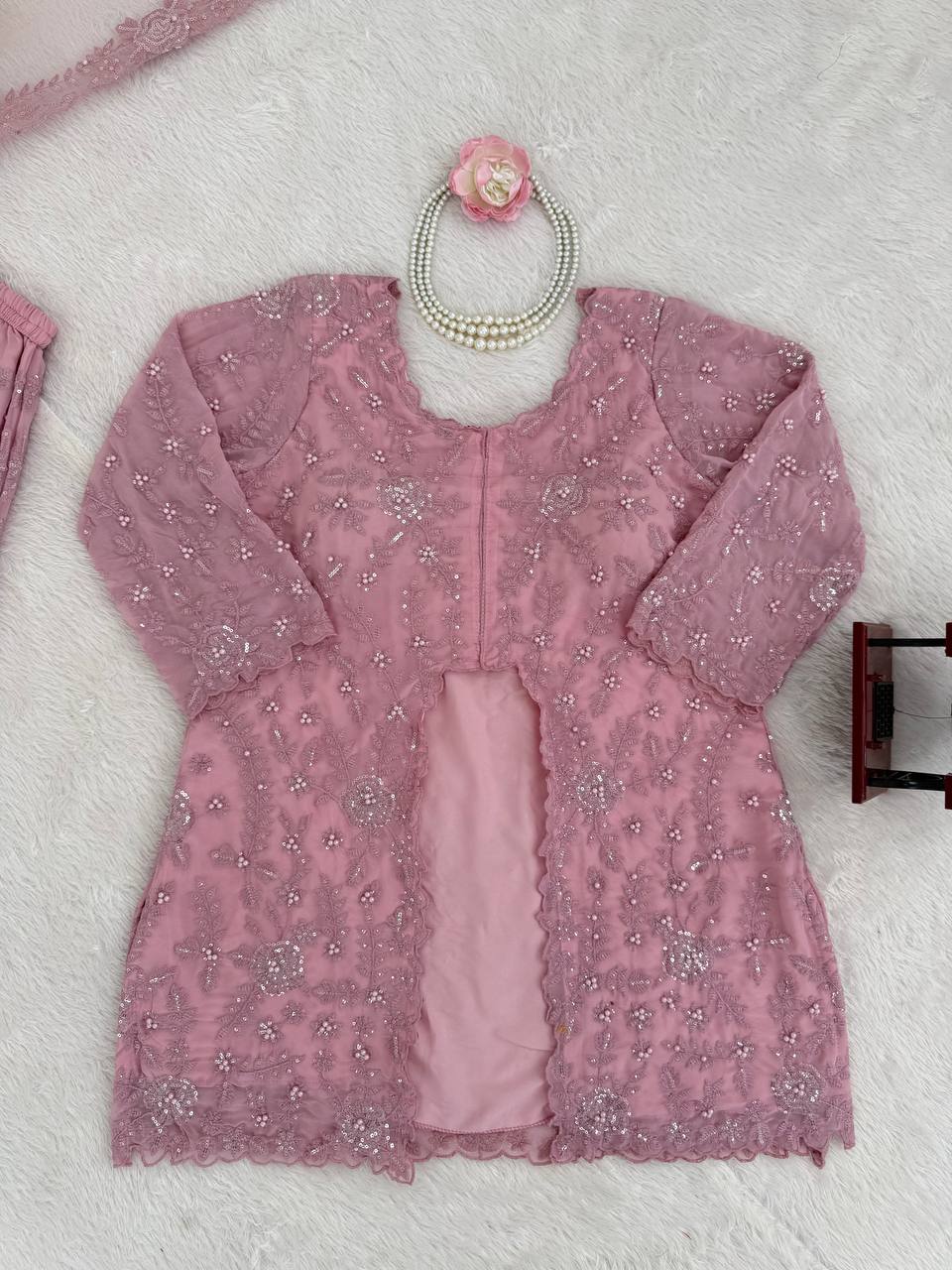 Rose Pink Slit Cut Embroidery Sharara Set