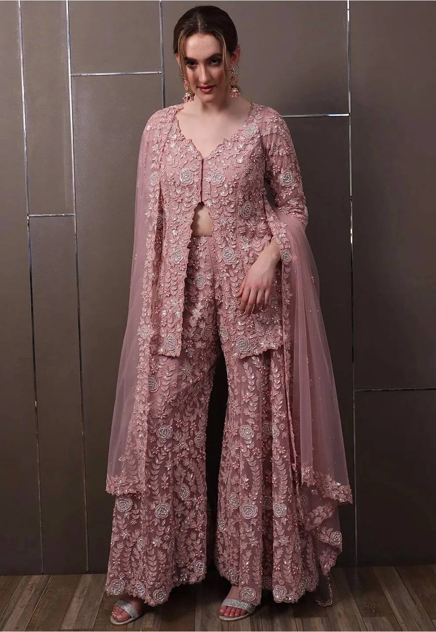 Rose Pink Slit Cut Embroidery Sharara Set