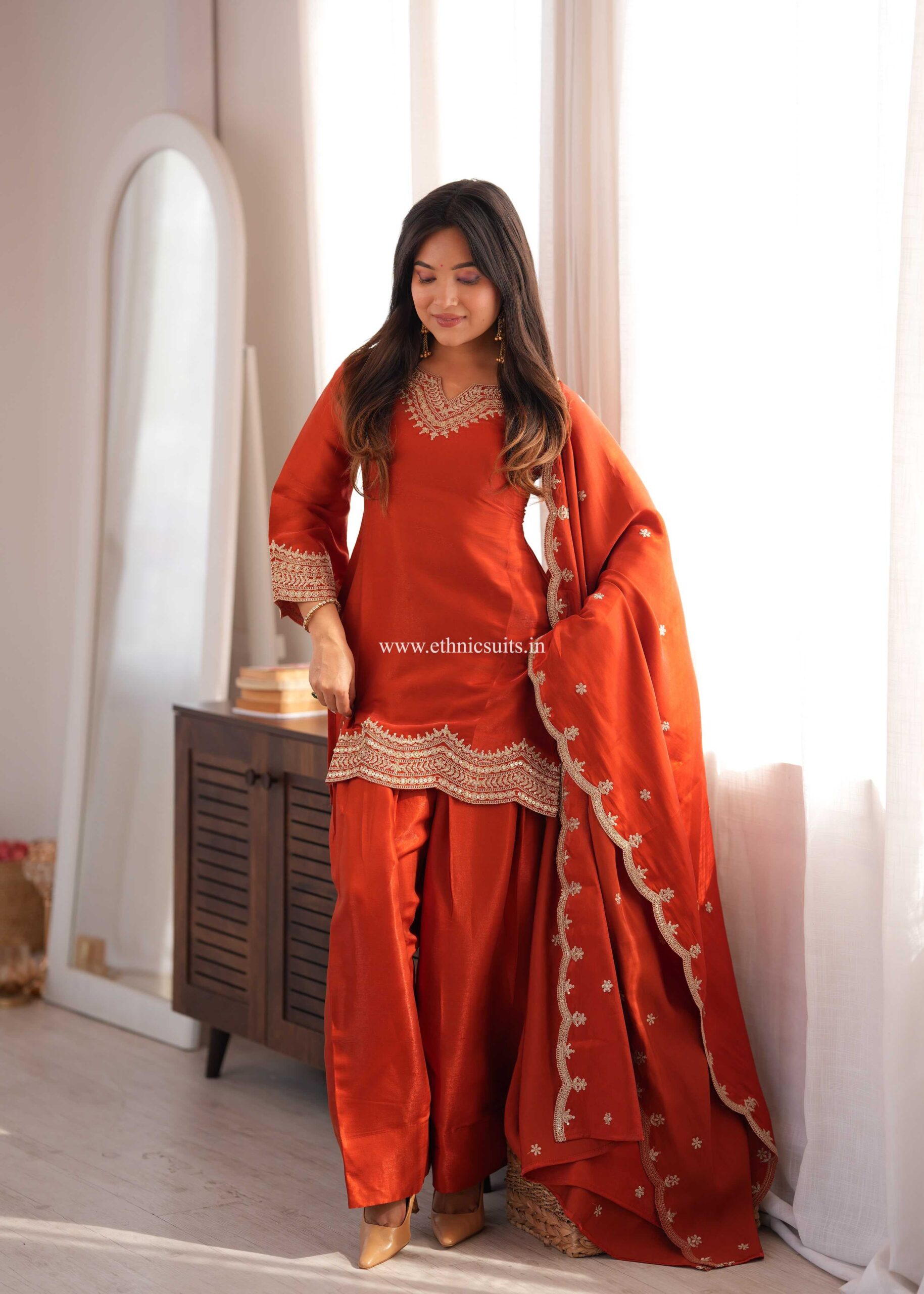 Rust Color Farshi Salwar Suit for Girls