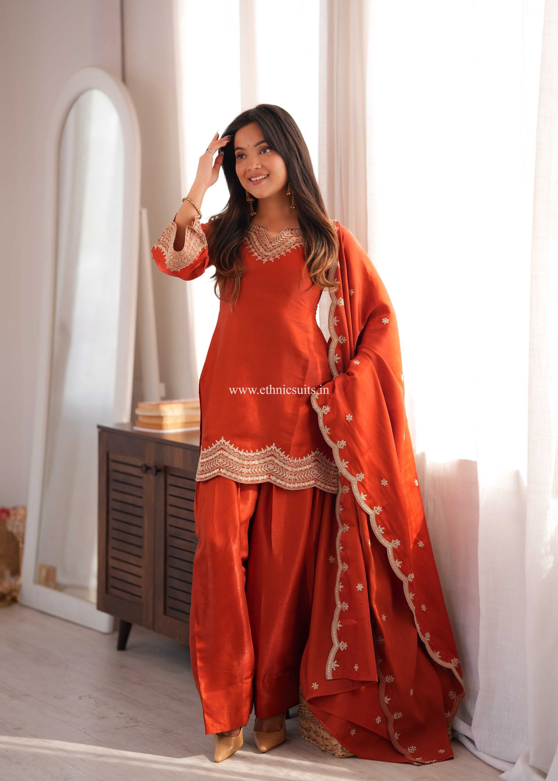 Rust Color Farshi Salwar Suit for Girls