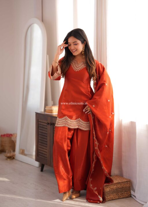 Rust Color Farshi Salwar Suit for Girls