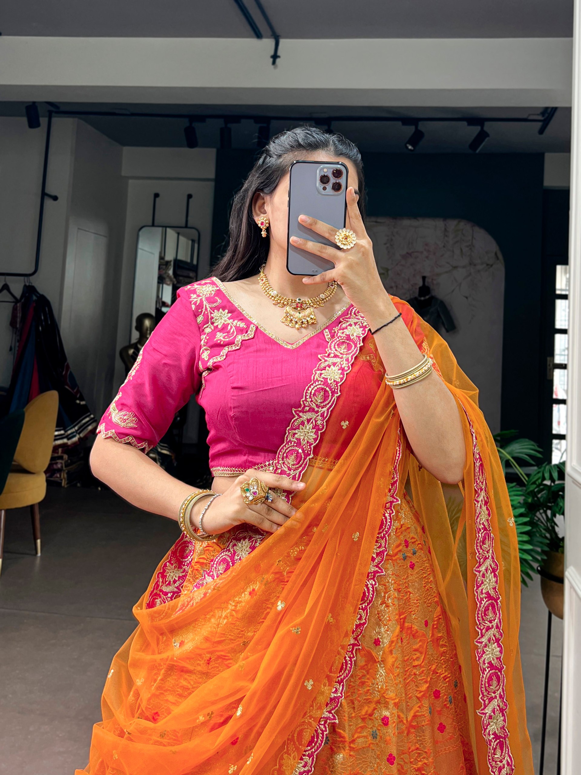 Wedding Special Jacquard Silk Lehenga Choli Orange color