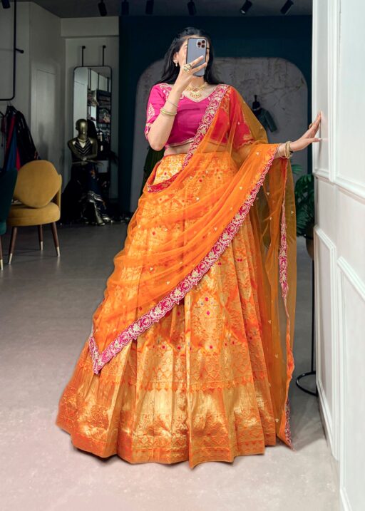 Wedding Special Jacquard Silk Lehenga Choli Orange color